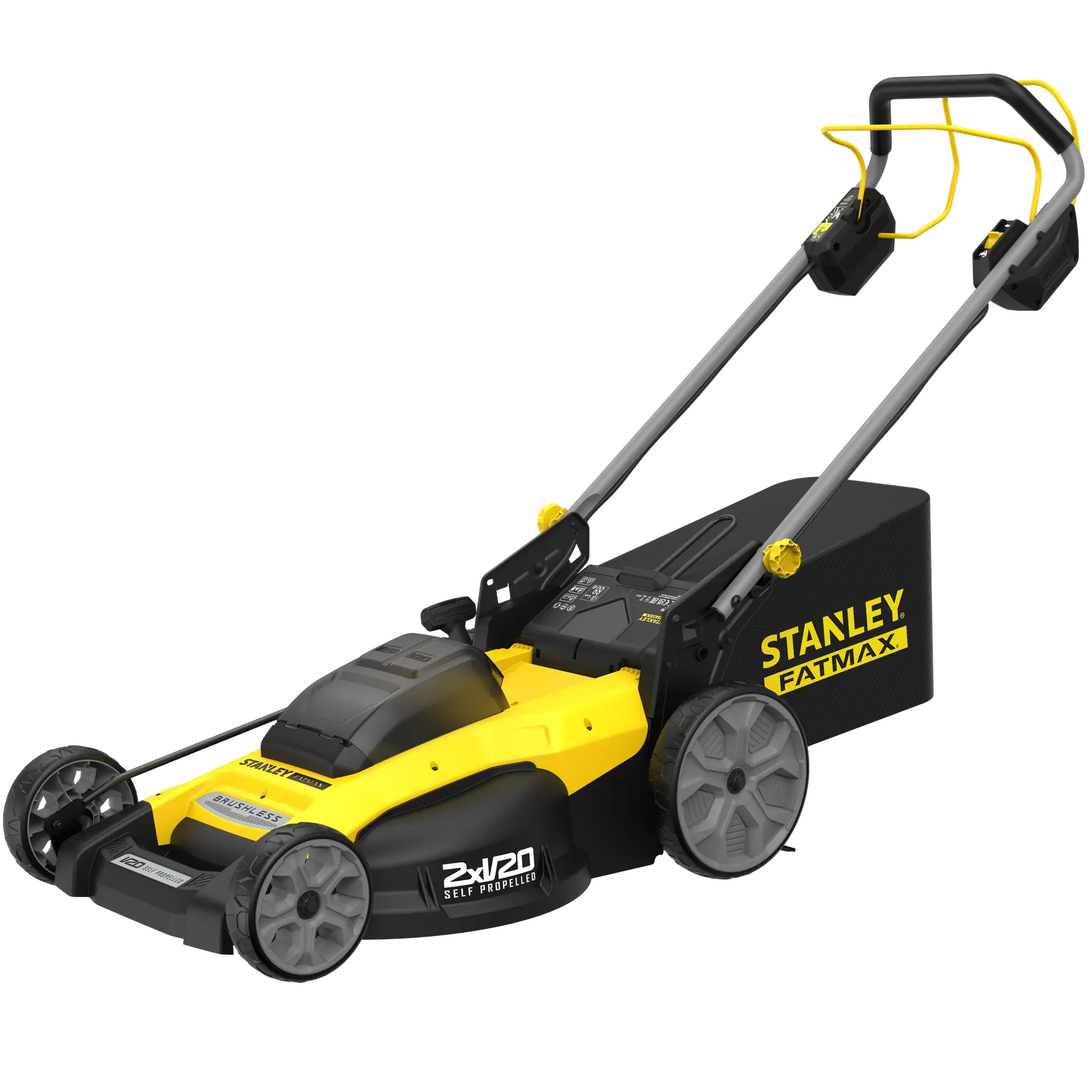 STANLEY SFMCMWS251B, SFMCMWS251B-XJ, SFMCMWS251B-XE gelb schwarze Rasenmäher, FATMAX Schriftzug, Front-links Ansicht.