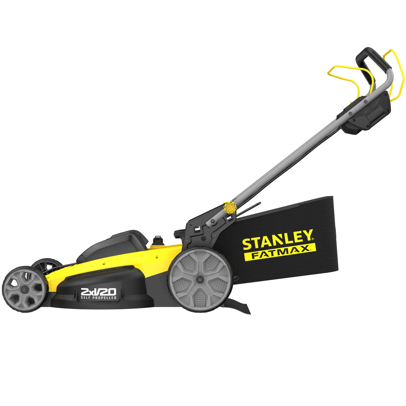 Foto des STANLEY SFMCMWS251M Rasenmähers, gelb und schwarz, Seitenansicht auf weißem Hintergrund.