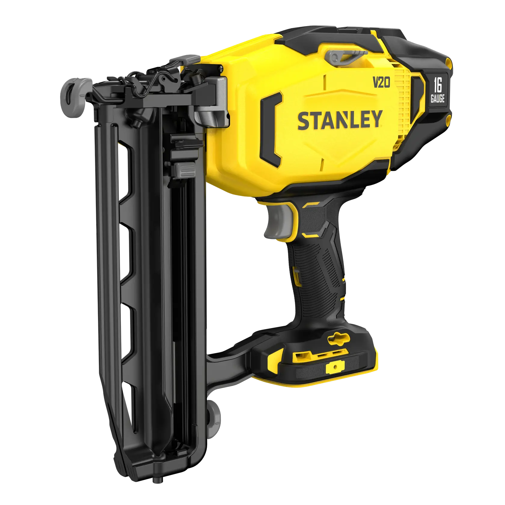 STANLEY SFMCN616B 16-Gauge Akku-Nagler, gelb und schwarz, Seitenansicht auf weißem Hintergrund.