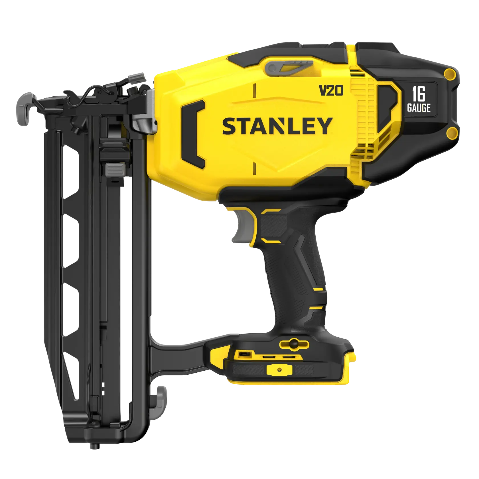 Foto des kabellosen STANLEY SFMCN616B 16GA Finish-Naglers, gelb und schwarz, Seitenansicht auf weißem Hintergrund.