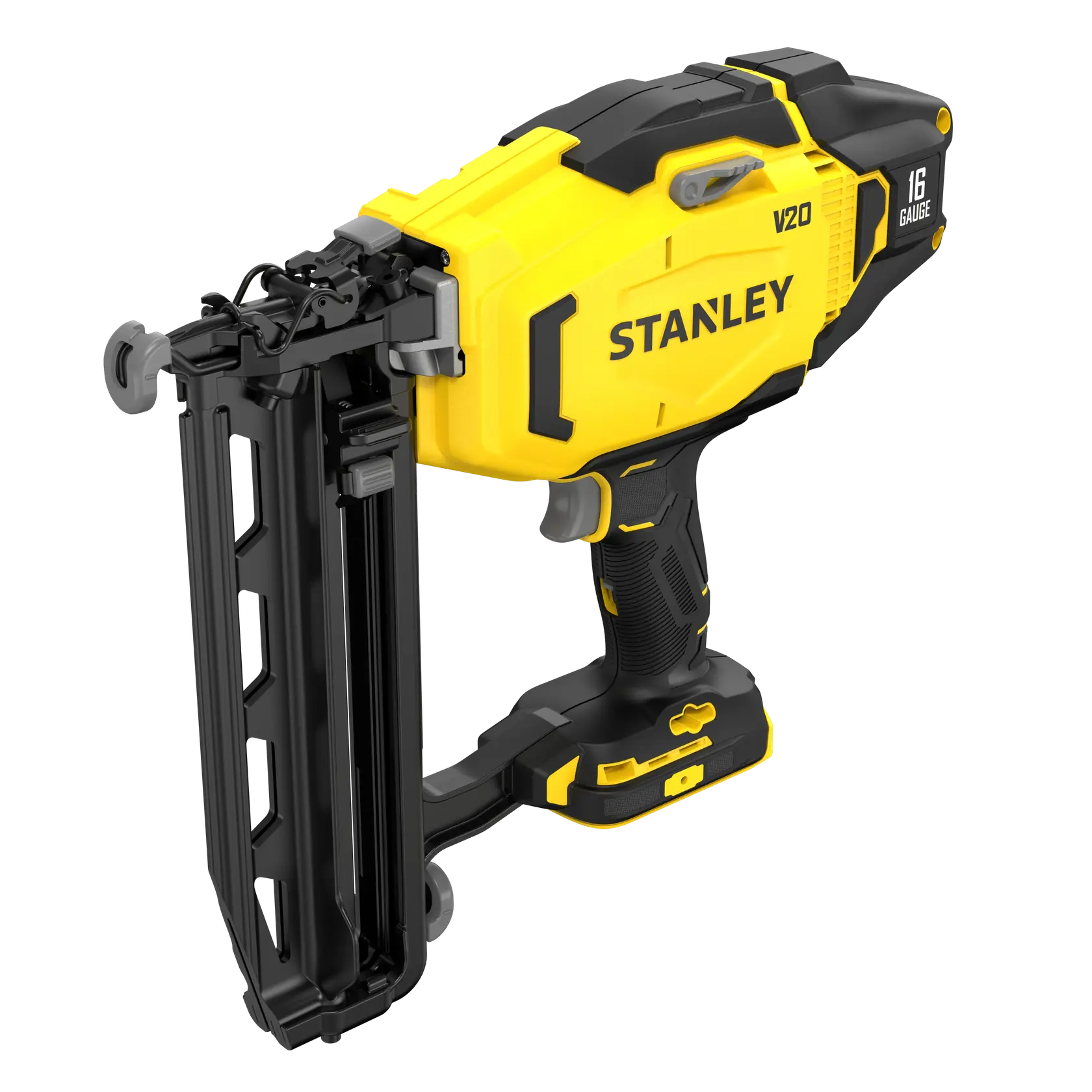 Stanley Fatmax V20 Akku-Nagelpistole in Gelb und Schwarz, seitlich gezeigt.
