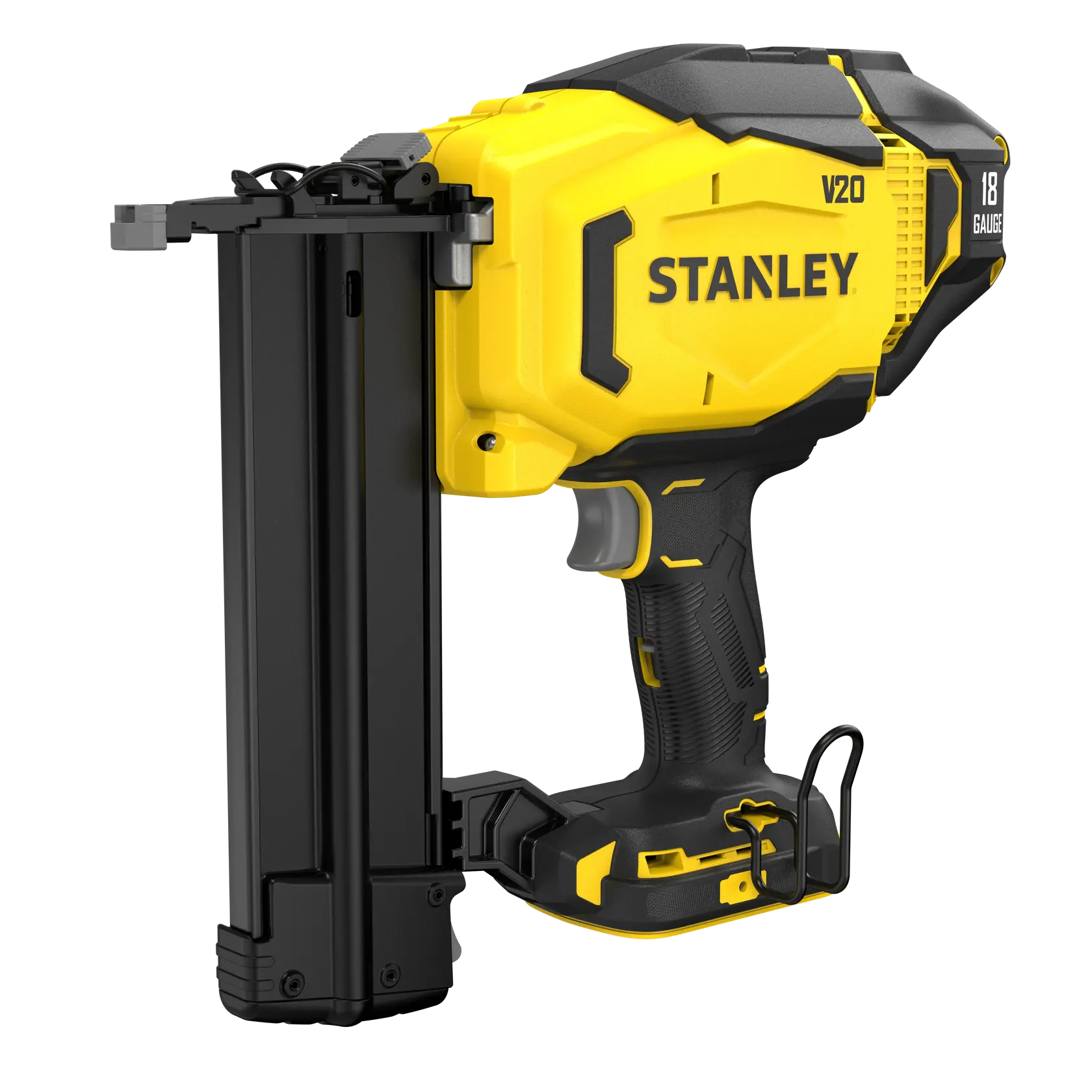 STANLEY SFMCN618B-XJ kabelloser 18-Gauge-Nagler, Seitenansicht, gelb und schwarz, FATMAX-Serie.