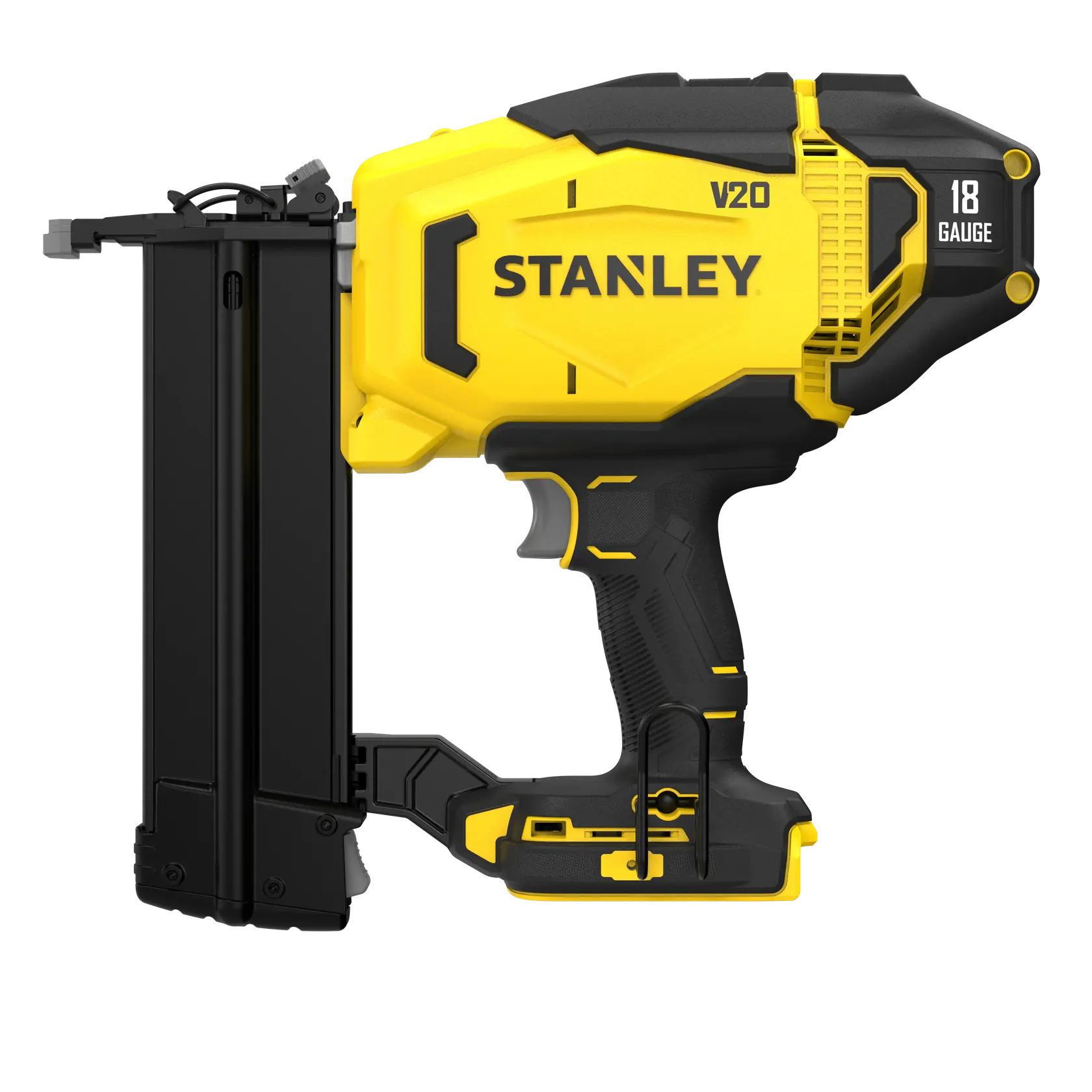 STANLEY SFMCN618B-XJ 18 Gauge gelber und schwarzer Akku-Nagler, Seitenansicht, FATMAX Serie.