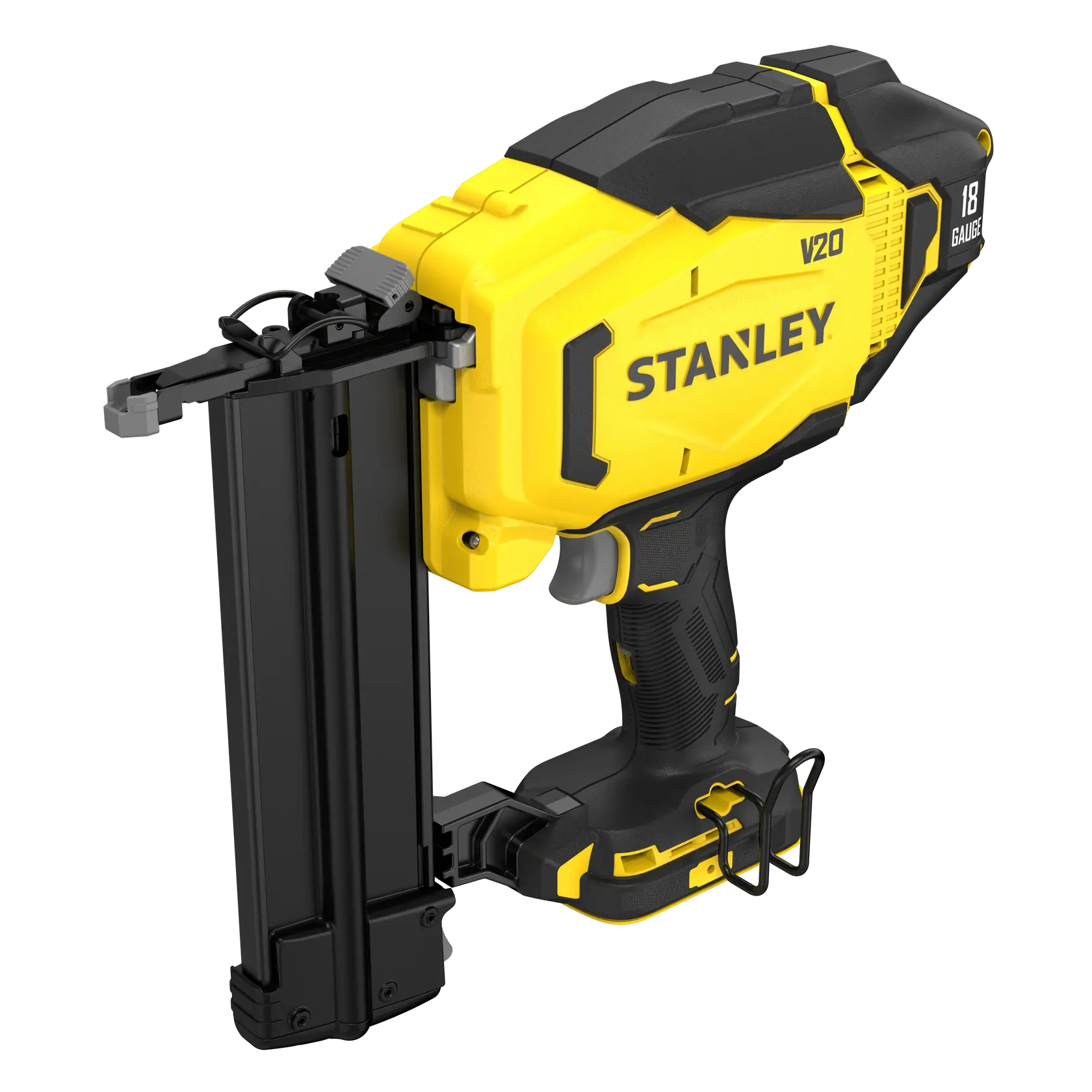 Foto des STANLEY FATMAX SFMCN618B-XJ 18-Gauge Naglers, gelb-schwarz, schräg auf weißem Hintergrund.