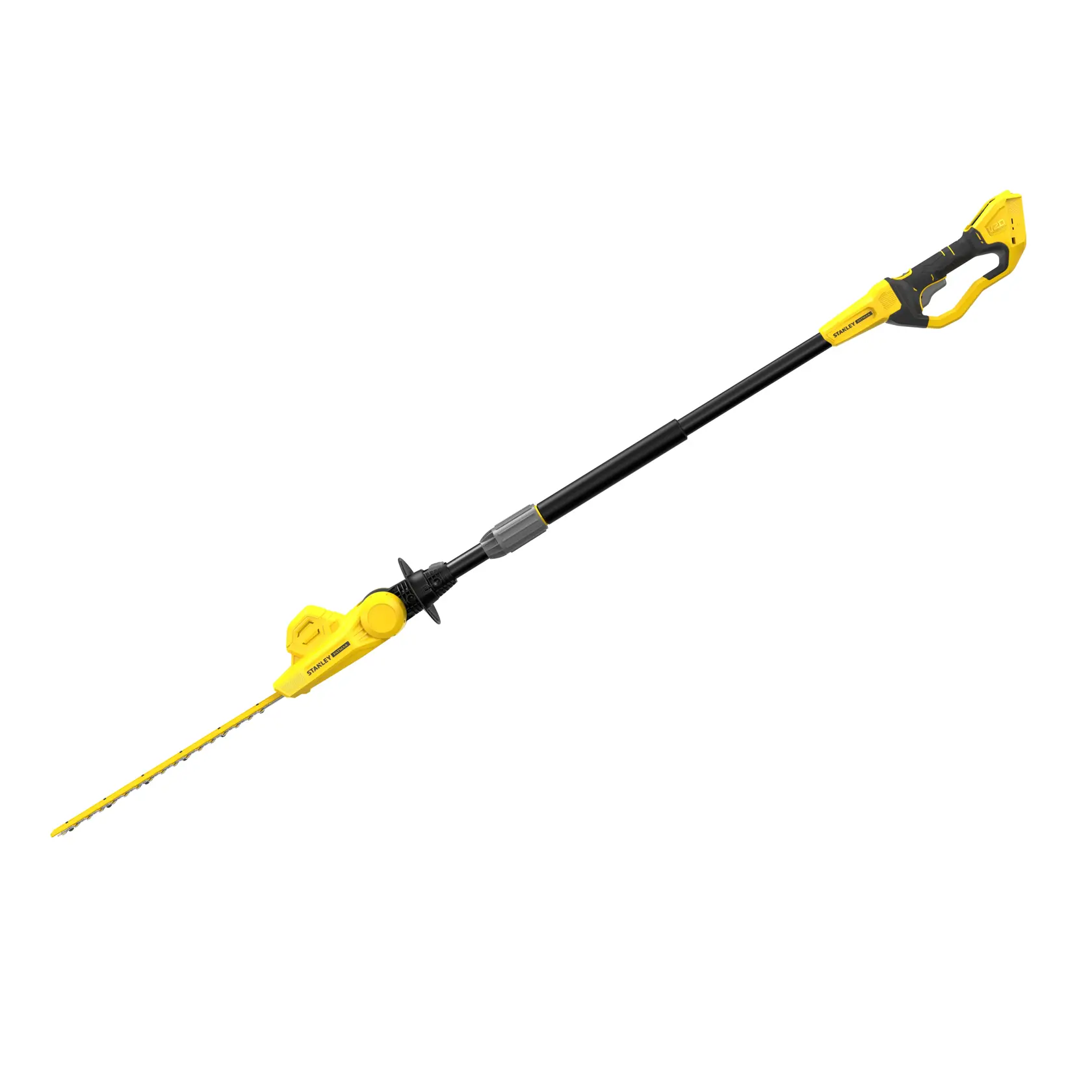 STANLEY SFMCPH845B kabelloser Teleskop-Heckenschneider, schwarz und gelb, Seitenansicht vor weißem Hintergrund.