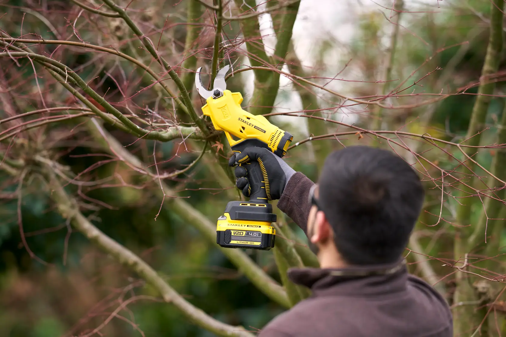 Stanley SFMCPP32B akkubetriebene Gartenschere beim Beschneiden von Baumästen im Freien, in einer behandschuhten Hand.