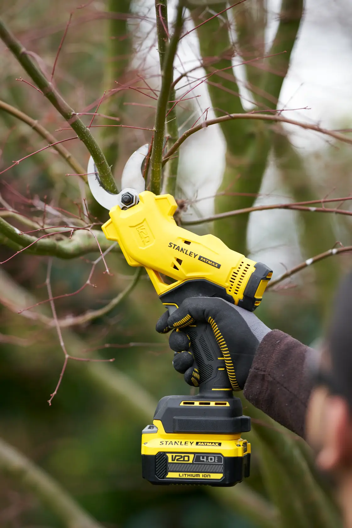 Stanley SFMCPP32M1 kabelloser Astschneider schneidet Zweige, gelb-schwarzes Design, Nahaufnahme im Freien.
