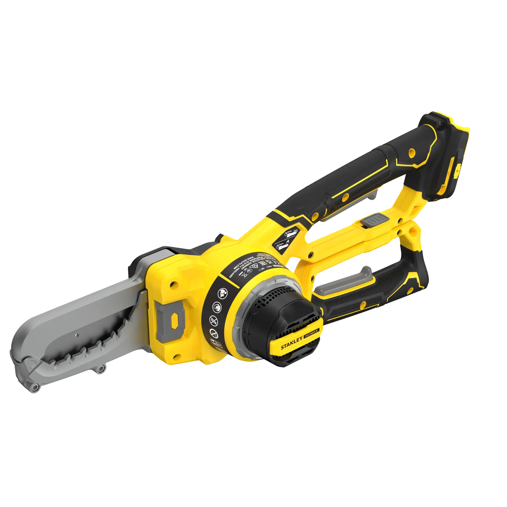 STANLEY SFMCPS515B Akku-Astschere, gelb und schwarz, Seitenansicht auf weißem Hintergrund.