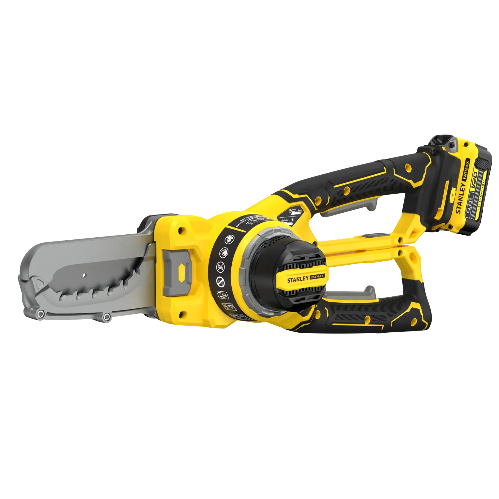 STANLEY SFMCPS515M1 Akku-Hochentaster, gelb und schwarz, Seitenansicht auf weißem Hintergrund.
