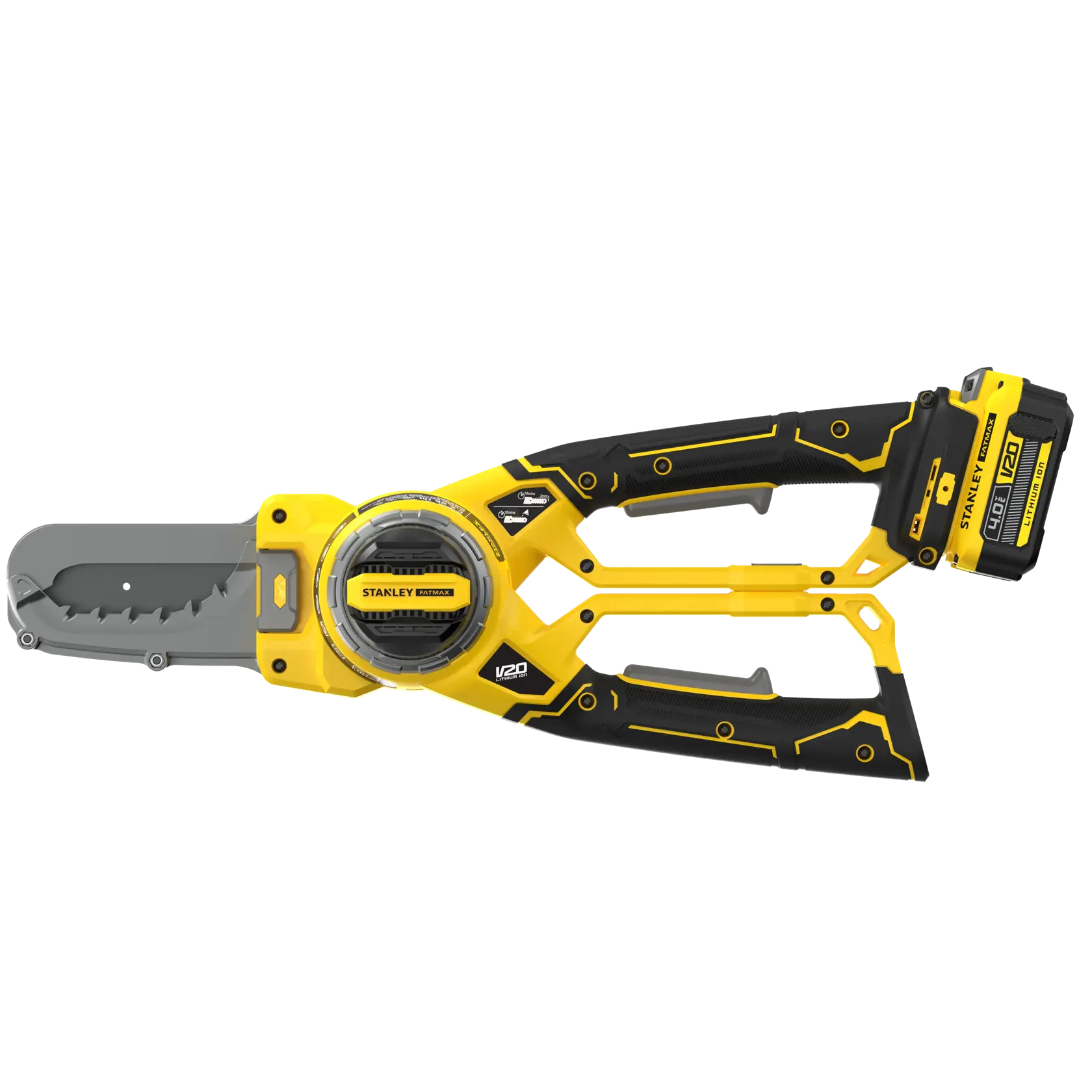 STANLEY SFMCPS515M1 Akku-Astschere, gelb und schwarz, Seitenansicht auf weißem Hintergrund.