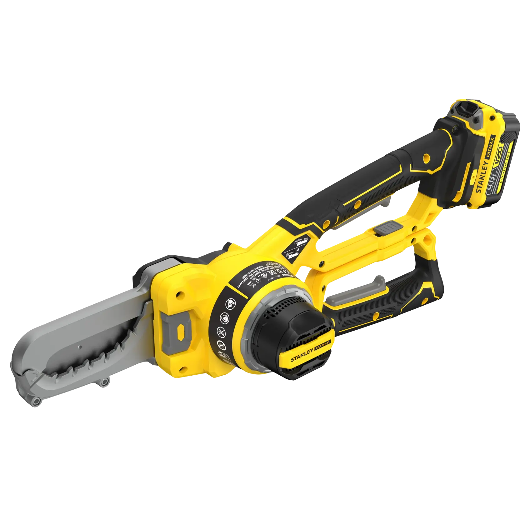 STANLEY SFMCPS515M1 kabellose Mini-Kettensäge, gelb und schwarz, Seitenansicht, für Baumschnitt geeignet.