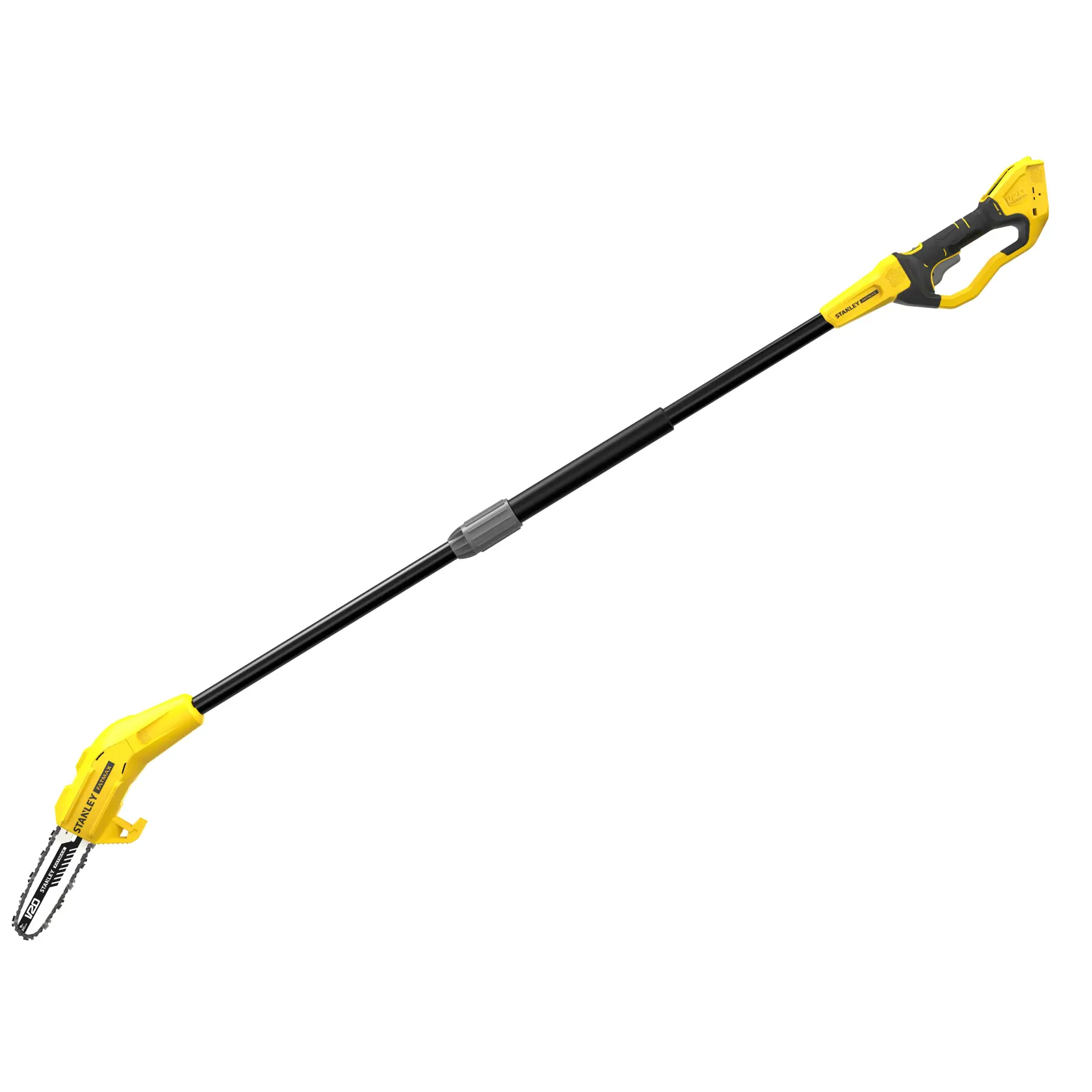 STANLEY SFMCPS620B kabellose Astsäge mit gelb-schwarzem Griff, Seitenansicht, auf weißem Hintergrund.