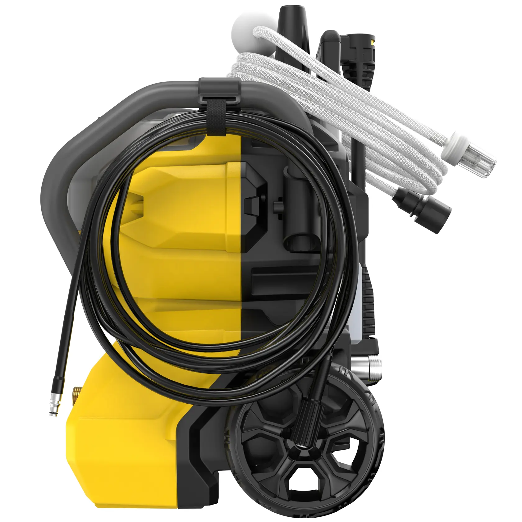 STANLEY SFMCPW1500B Hochdruckreiniger Seitenansicht mit gelbem Gehäuse, schwarzem Schlauch, großen Rädern und weißem Zubehörschlauch.