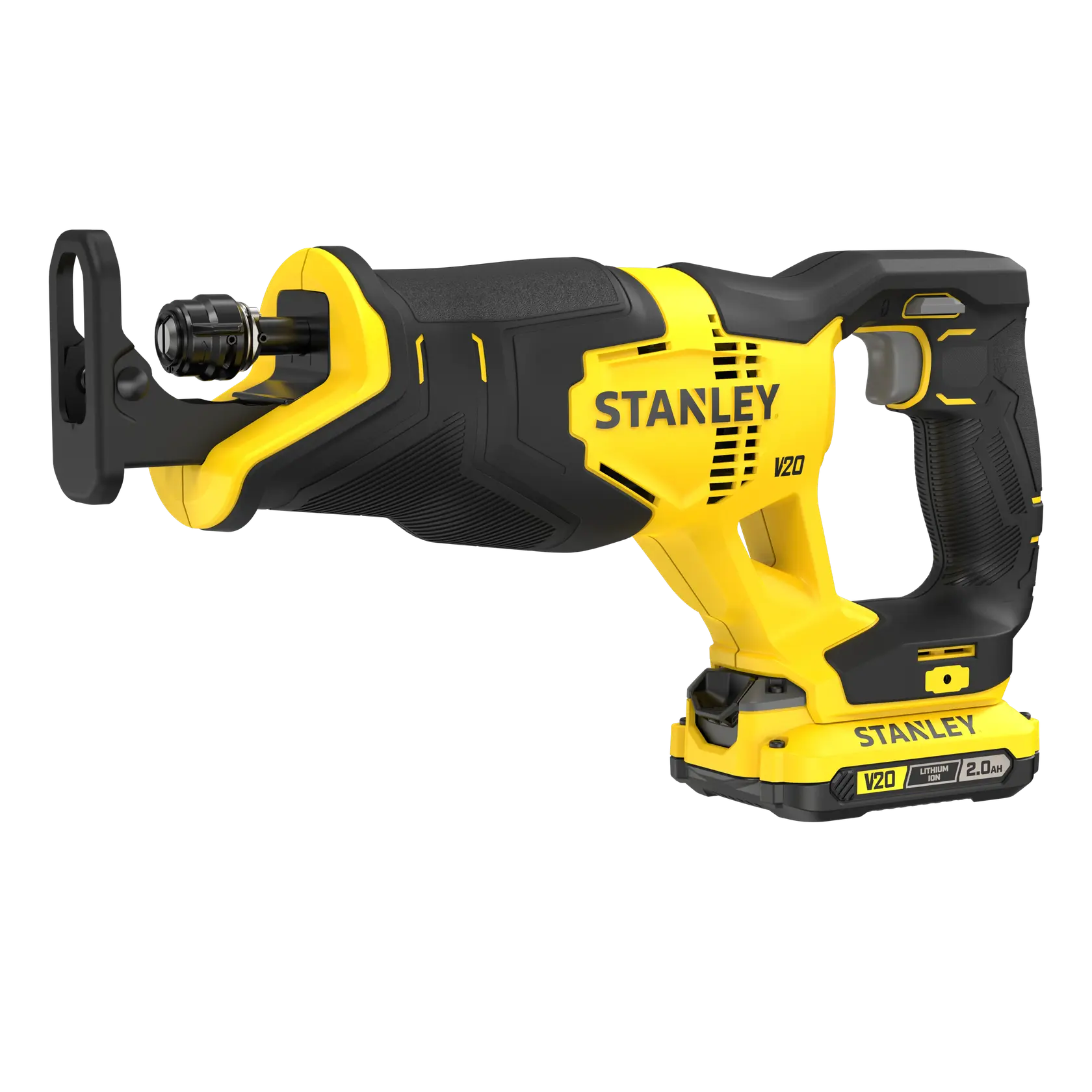 STANLEY SFMCS300D2K kabellose Säbelsäge in Gelb und Schwarz, Seitenansicht auf weißem Hintergrund.
