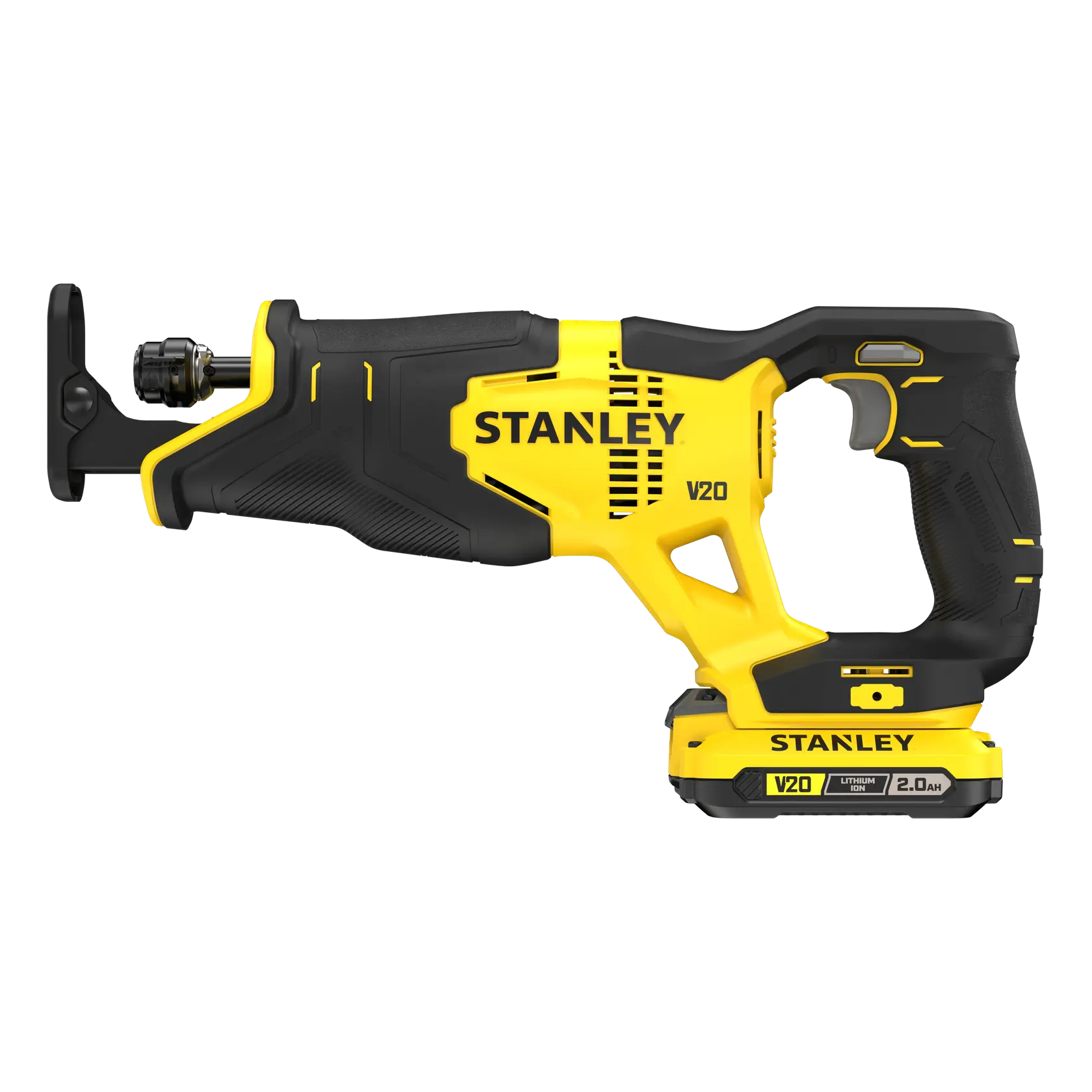STANLEY SFMCS300D2K kabellose Säbelsäge, gelb und schwarz, Seitenansicht auf weißem Hintergrund.