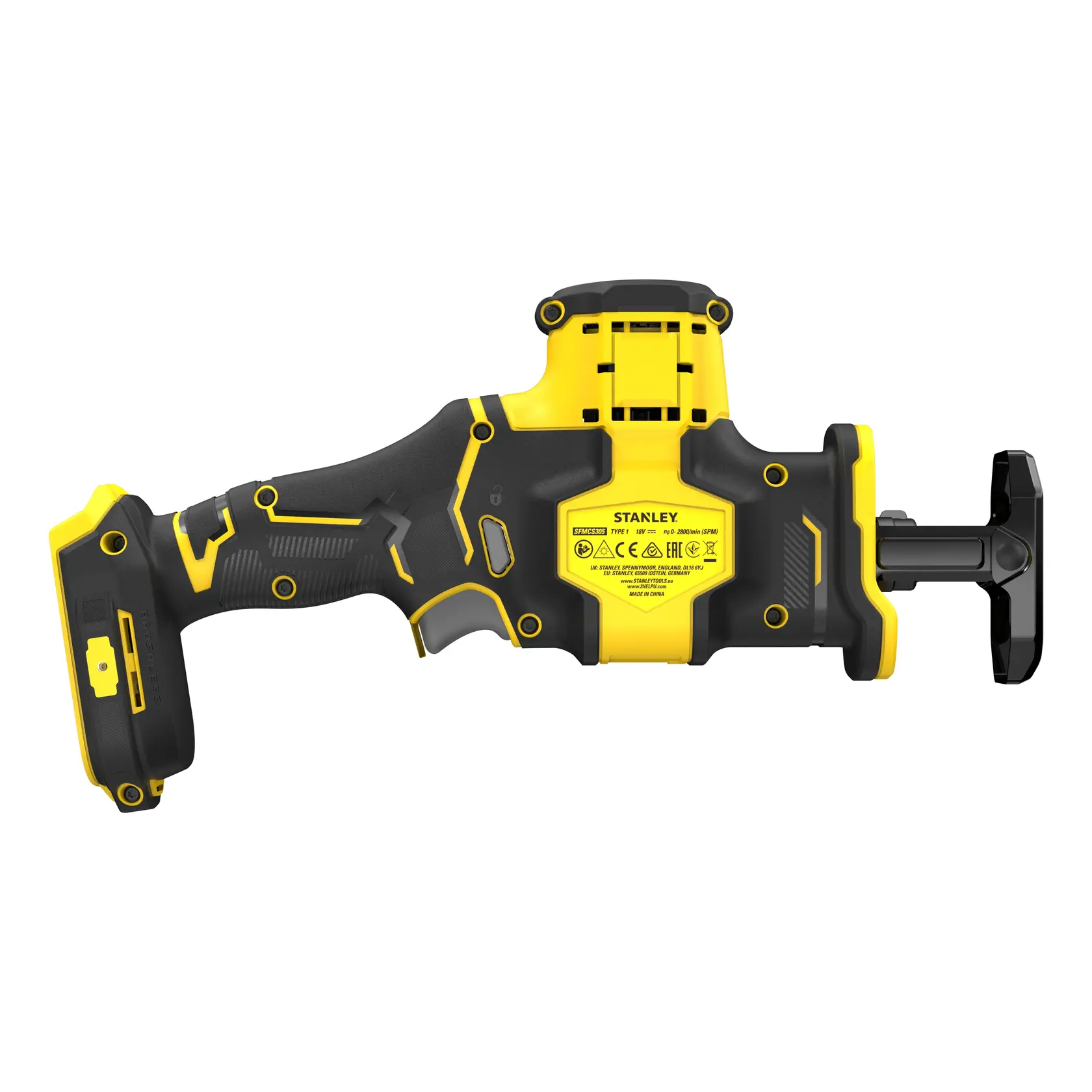 Foto STANLEY SFMCS305B, SFMCS305B-XJ kabellose Säbelsäge, gelb/schwarz, rechter Winkel.