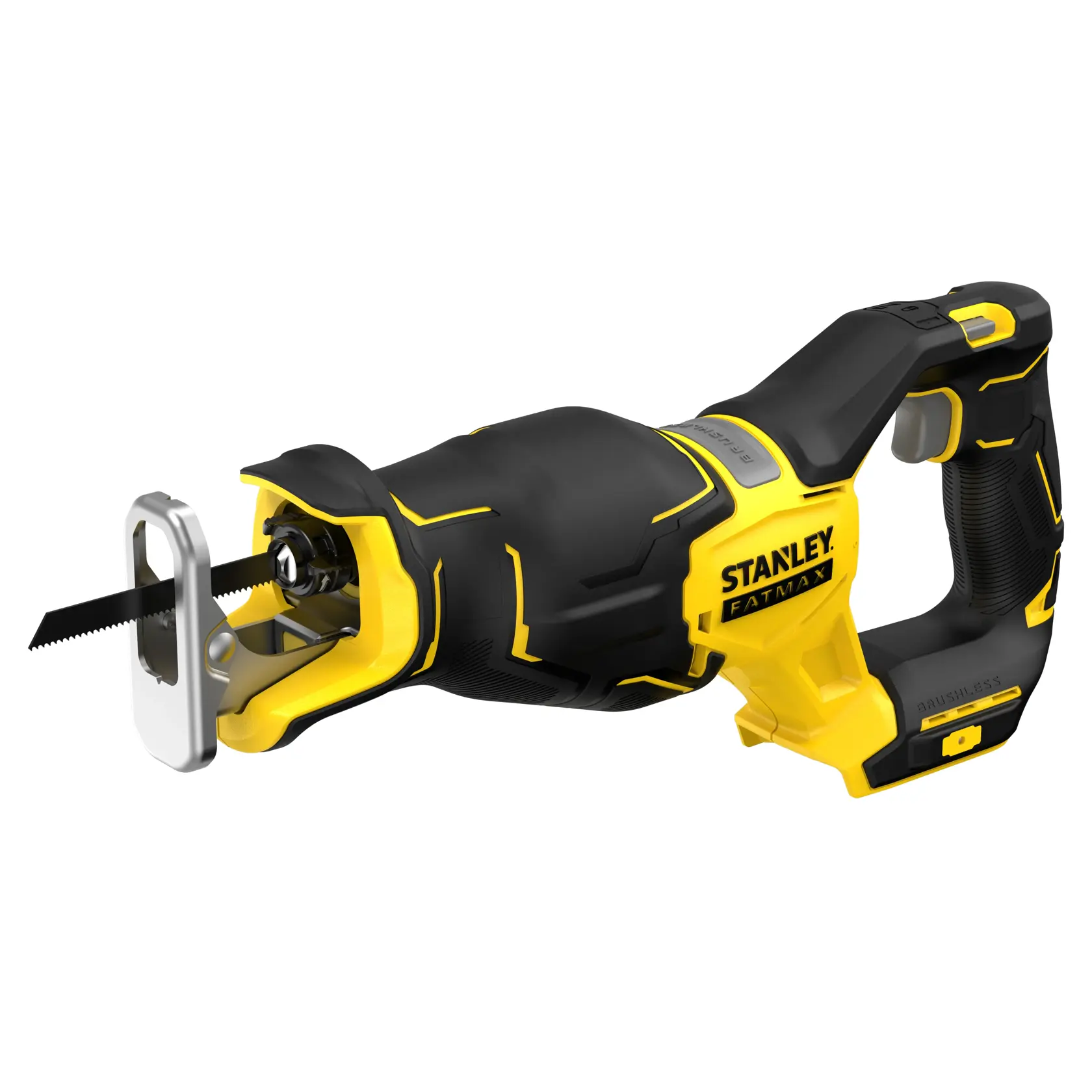 Foto von STANLEY SFMCS310B Säbelsäge, gelb und schwarz, Seitenansicht, brushless Design.
