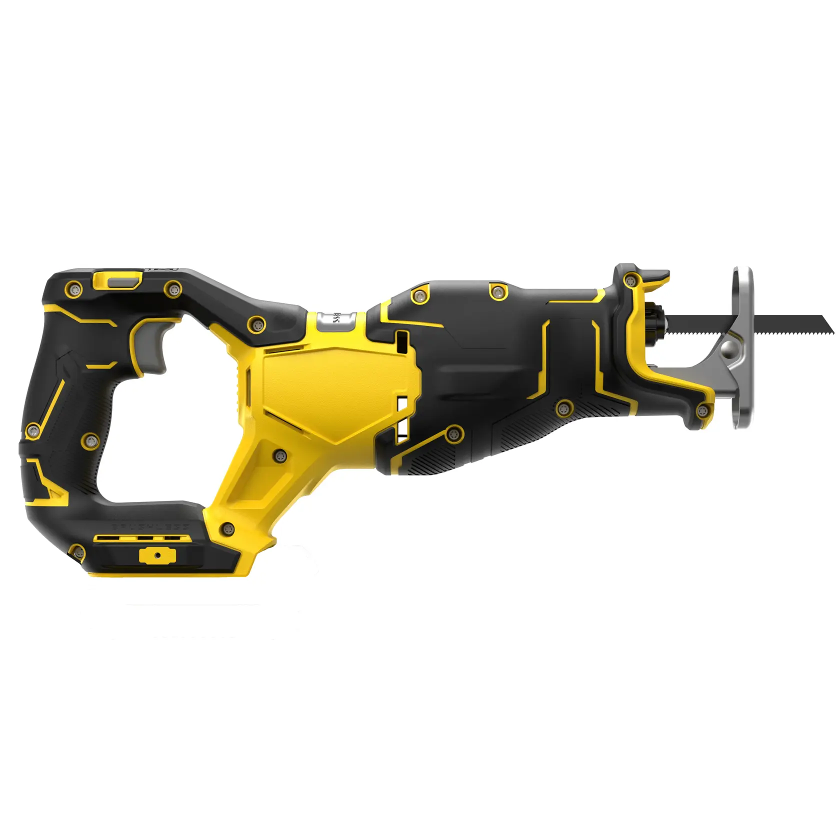 STANLEY SFMCS310B Akku-Säbelsäge, schwarz und gelb, Seitenansicht von links auf weißem Hintergrund.