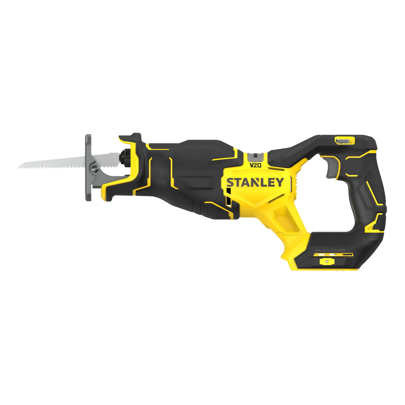 STANLEY SFMCS311B-XJ Säbelsäge in Gelb und Schwarz, Seitenansicht auf weißem Hintergrund.