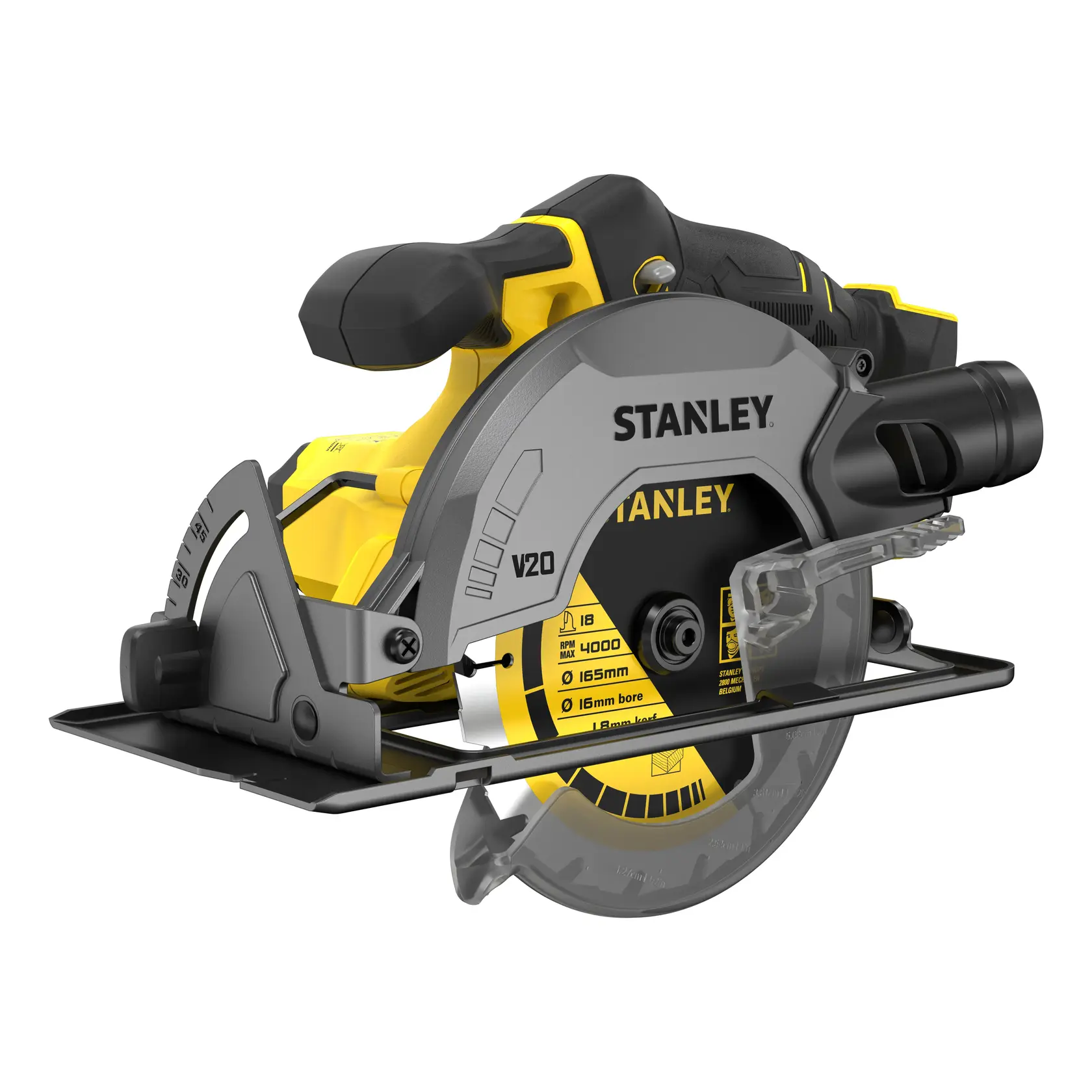 STANLEY SFMCS500B FATMAX Akku-Handkreissäge, linke Seitenansicht, gelb-schwarzes Werkzeug mit sichtbarem Sägeblatt und Griff.