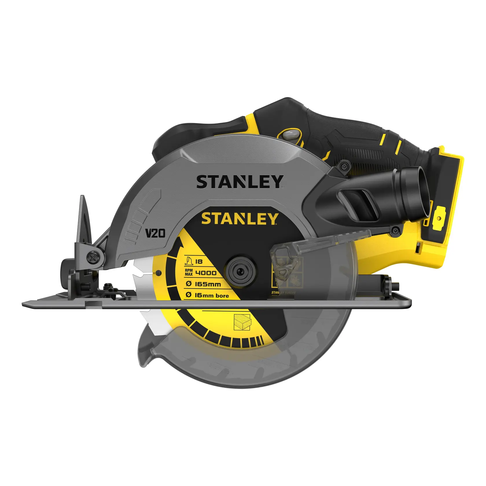 Foto der STANLEY SFMCS500B Kreissäge, Seitenansicht, schwarz-gelb, mit sichtbarem Sägeblatt und ergonomischem Griff.