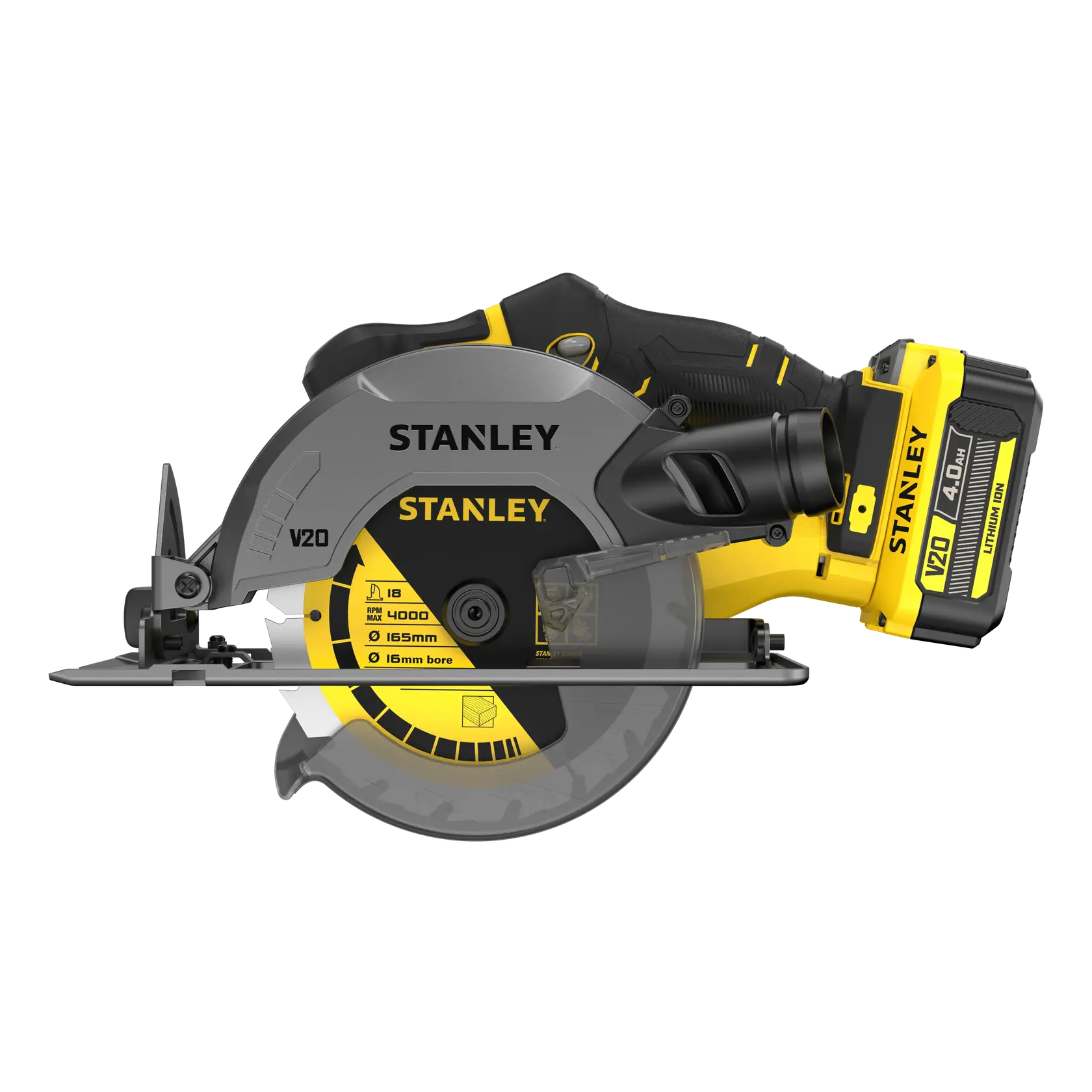 Foto der kabellosen Kreissäge STANLEY SFMCS500M2K, Seitenansicht, gelbe und schwarze Details, V20 Akku.