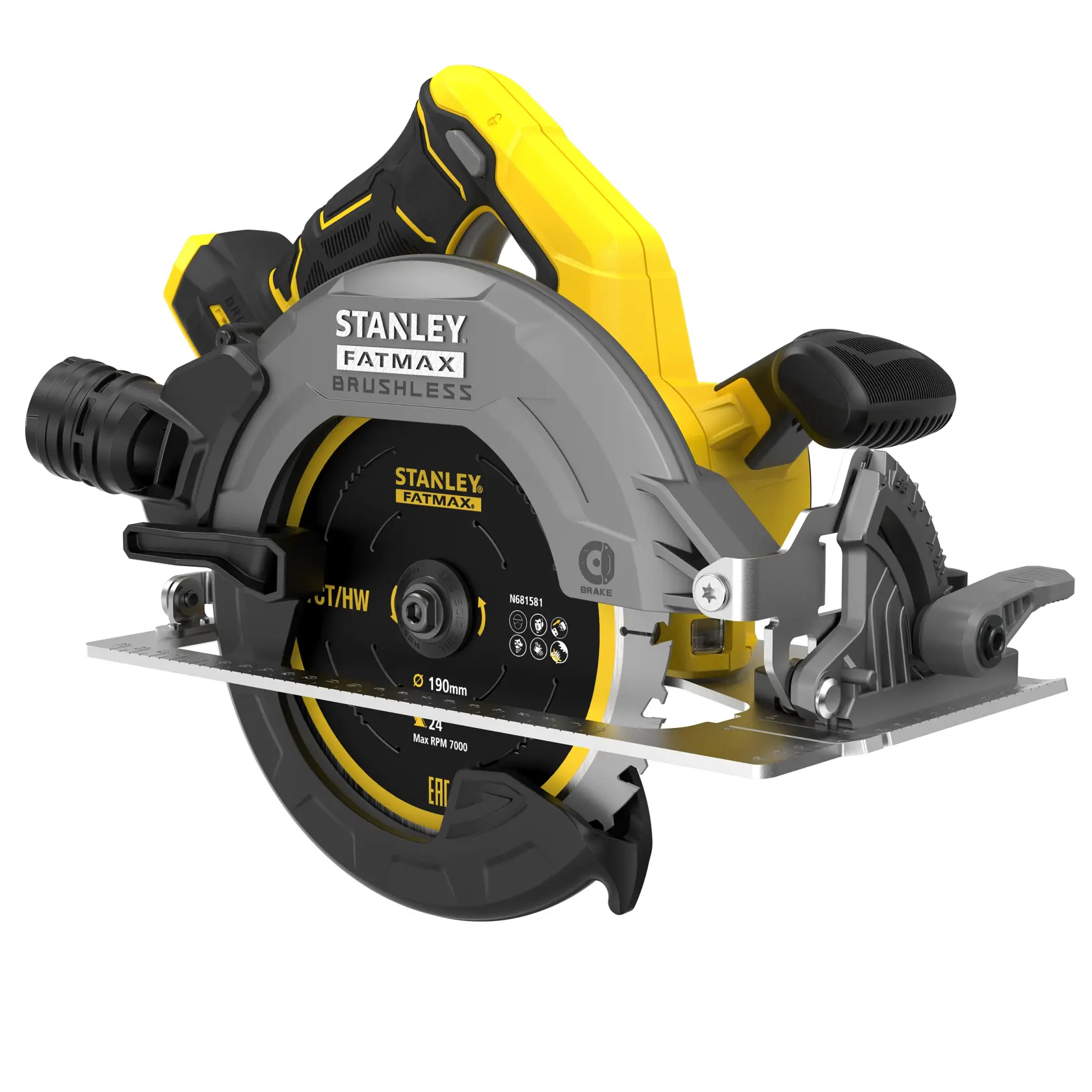STANLEY SFMCS550B kabellose Kreissäge, Seitenansicht, gelb und schwarz, brushless, FATMAX.