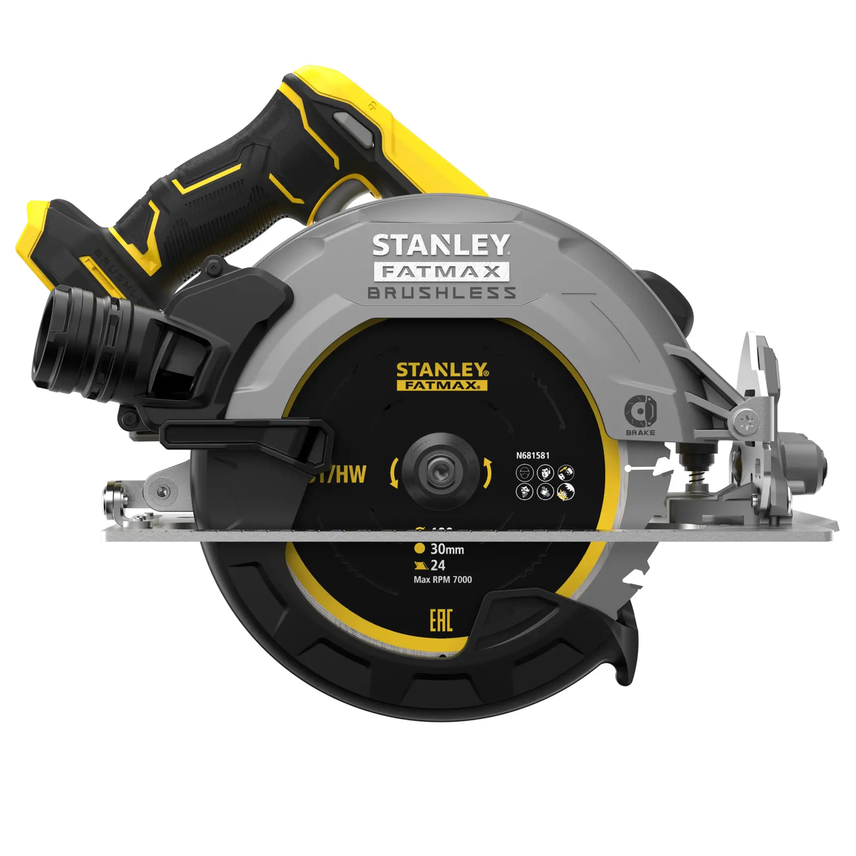 Foto der STANLEY SFMCS550B FatMax Brushless Kreissäge, schwarz-gelb, Seitenansicht auf weißem Hintergrund.