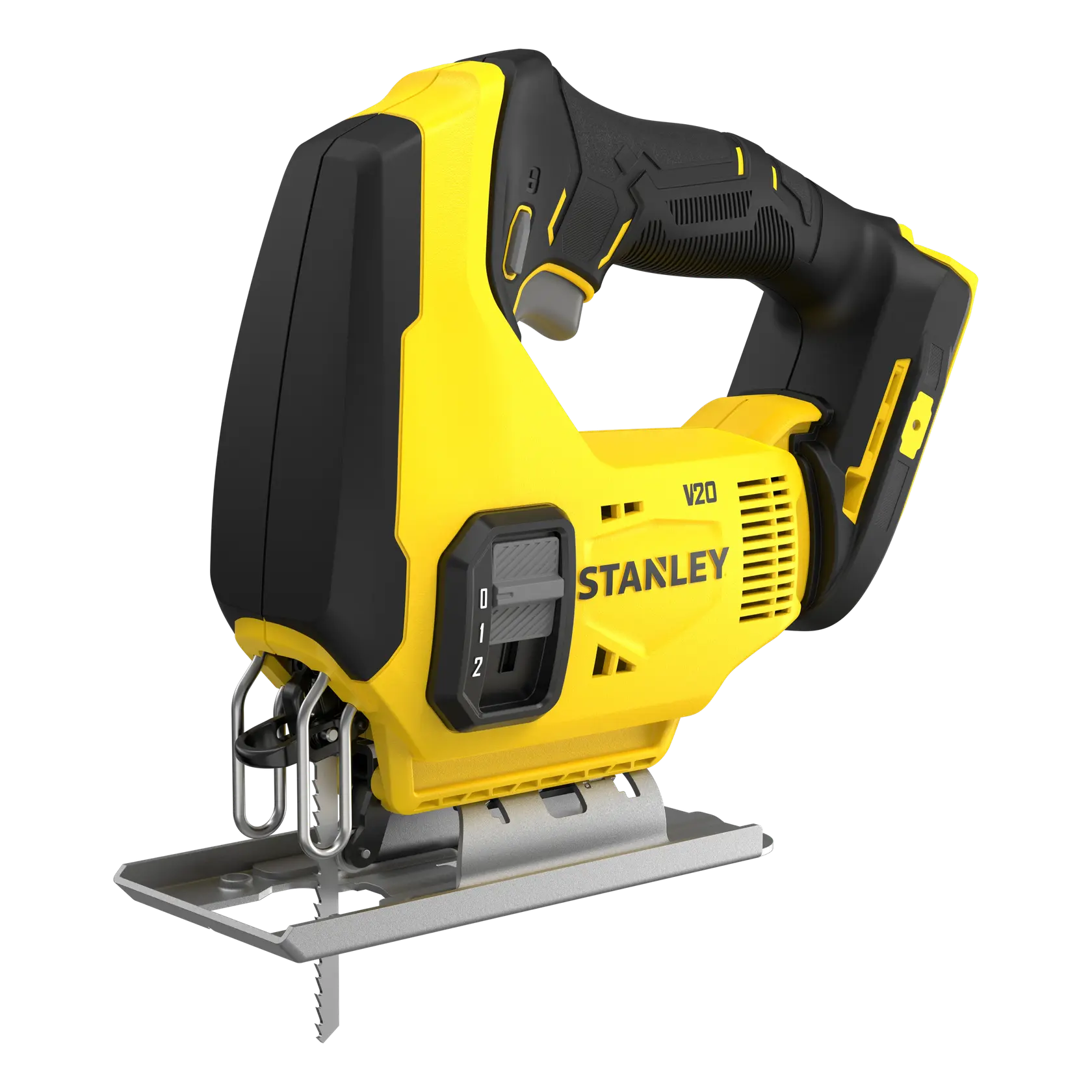 STANLEY SFMCS600B Akku-Stichsäge, gelb und schwarz, Seitenansicht vor weißem Hintergrund.
