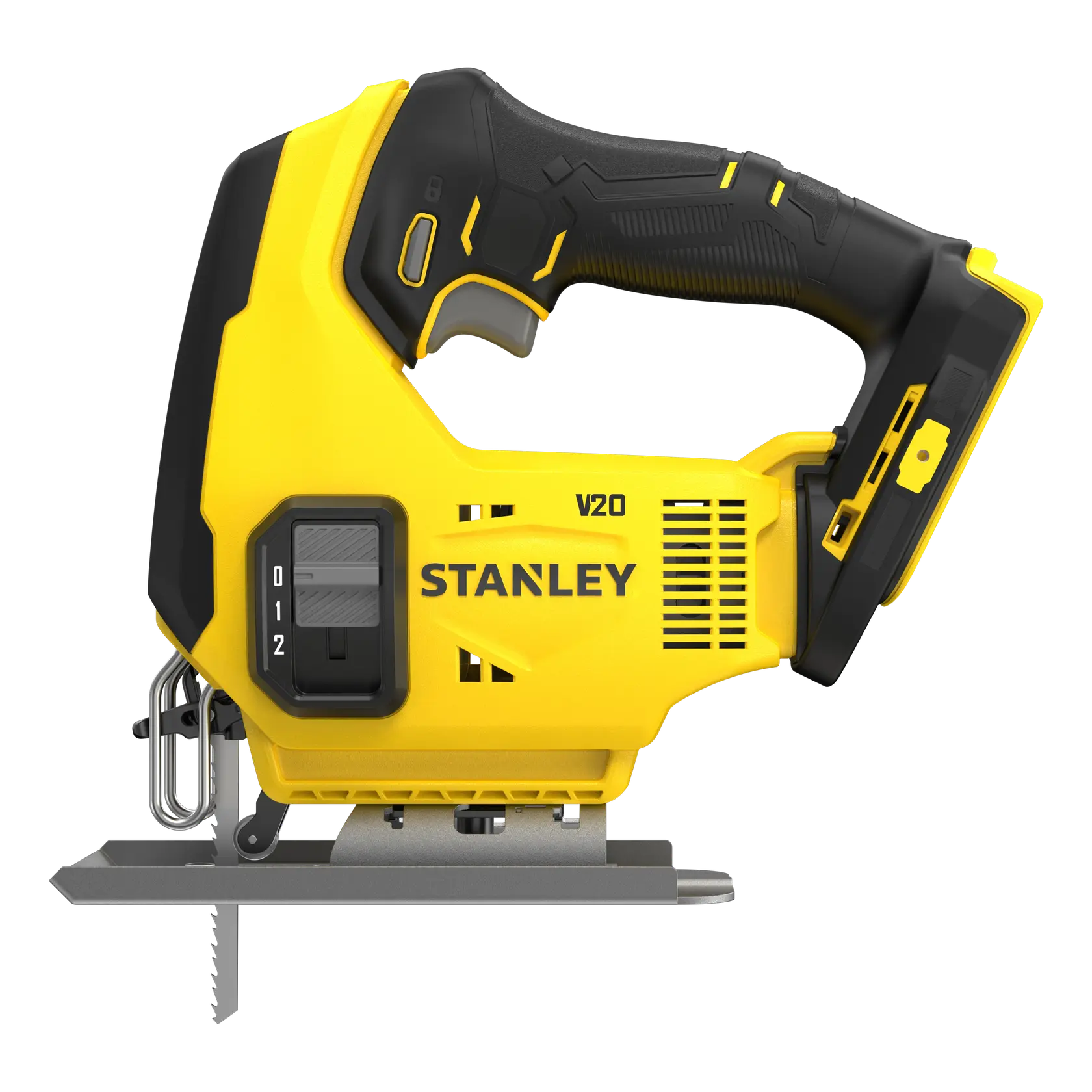 Foto der kabellosen Stichsäge STANLEY SFMCS600B, gelb und schwarz, Seitenansicht auf weißem Hintergrund.