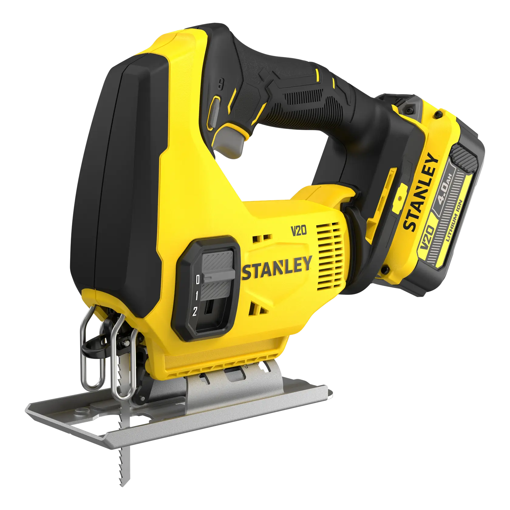 STANLEY SFMCS600M2K Akku-Stichsäge, gelb und schwarz, Seitenansicht auf weißem Hintergrund.