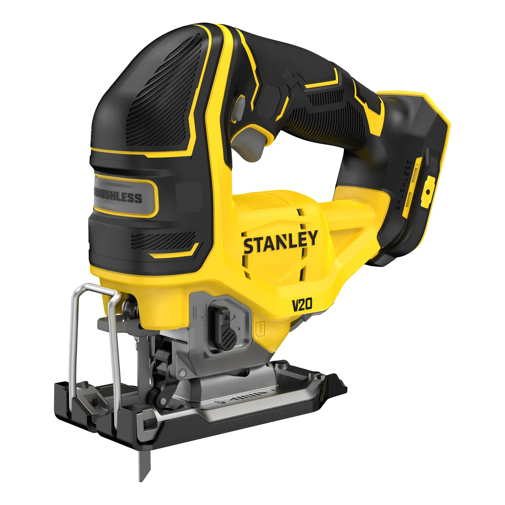 Gelb-schwarze STANLEY FATMAX Akku-Stichsäge mit bürstenlosem Motor und ergonomischem Griff.