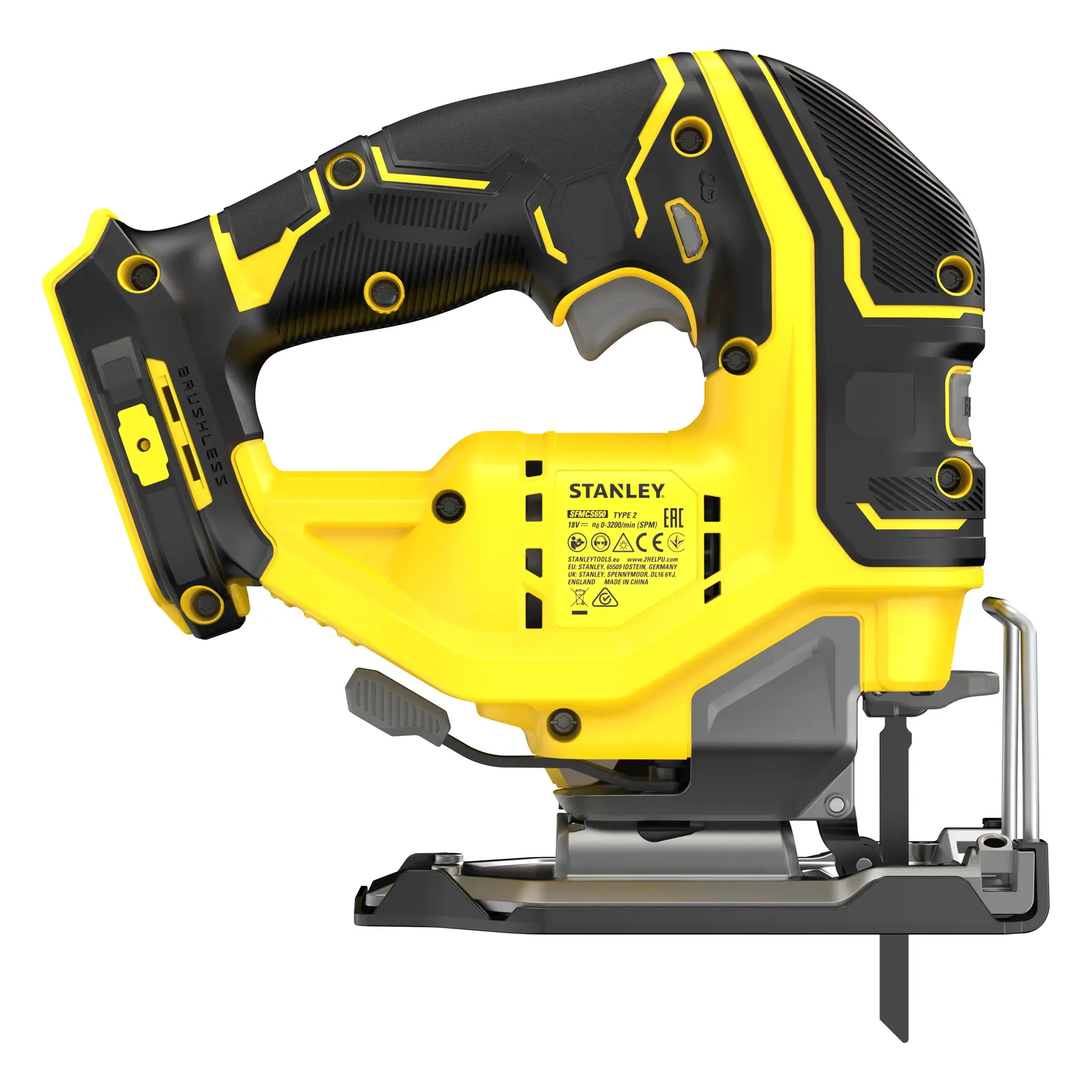 Gelbe und schwarze Akku-Stichsäge mit ergonomischem Griff, STANLEY-Logo und Metallfuß.