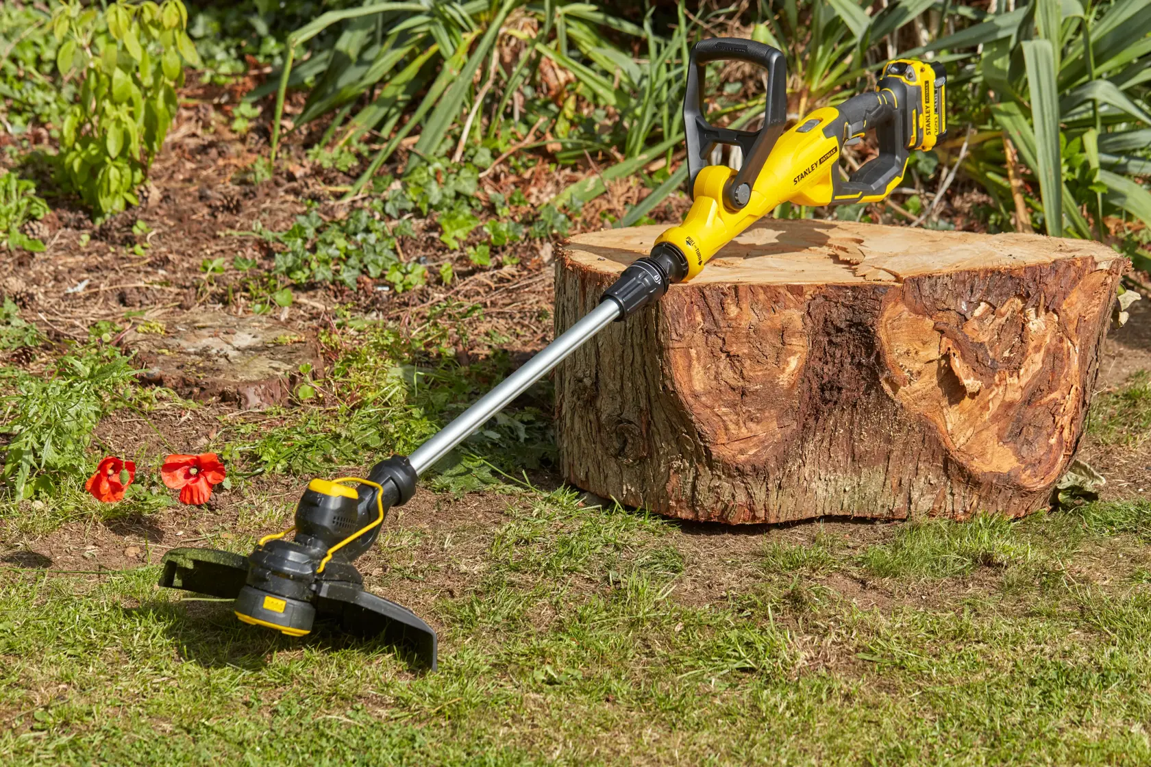 STANLEY SFMCST933B kabelloser Rasentrimmer in Gelb und Schwarz liegt auf Gras neben einem Baumstumpf draußen.