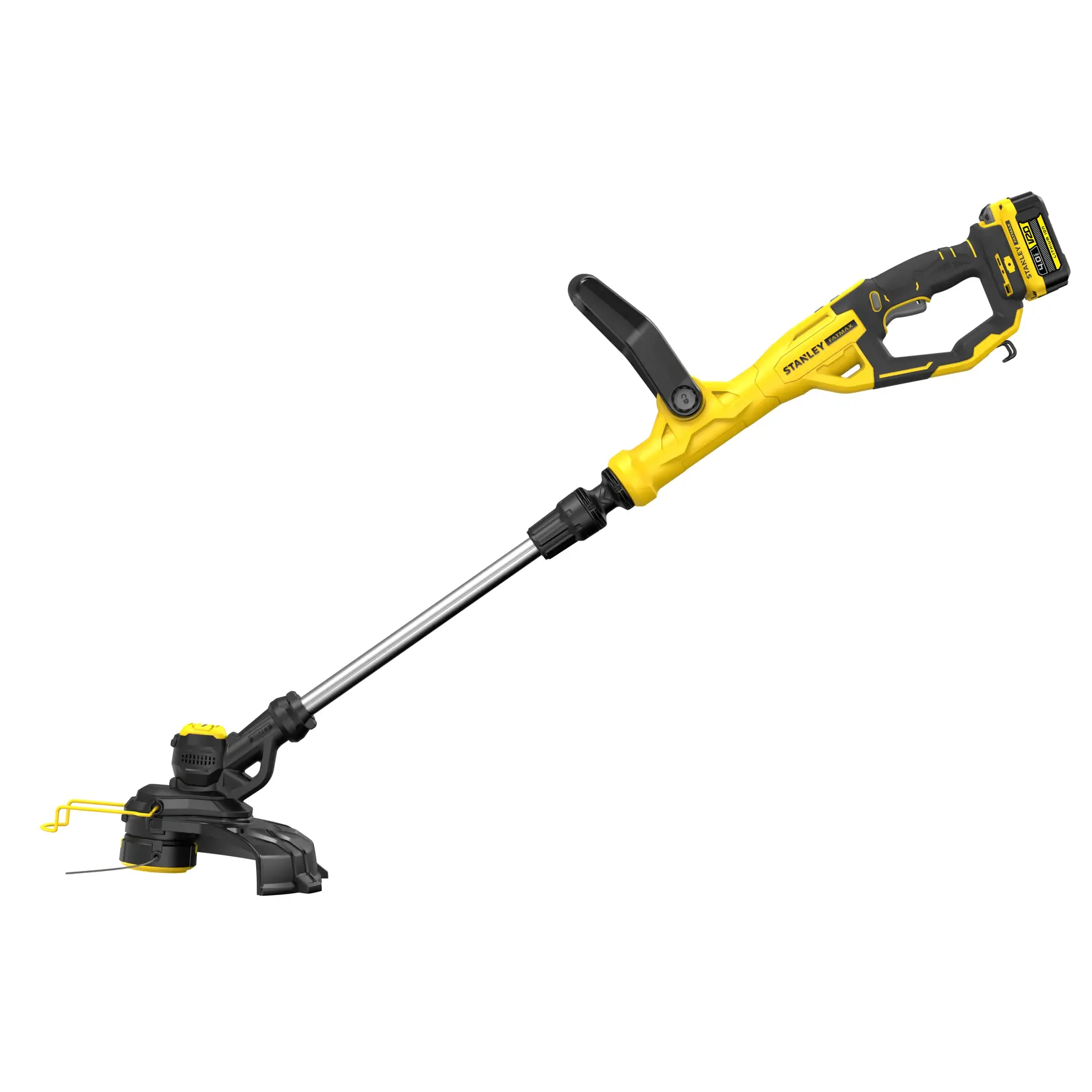 STANLEY SFMCST933M1 gelb-schwarzer kabelloser Rasentrimmer, Seitenansicht, mit angeschlossenem Akku.
