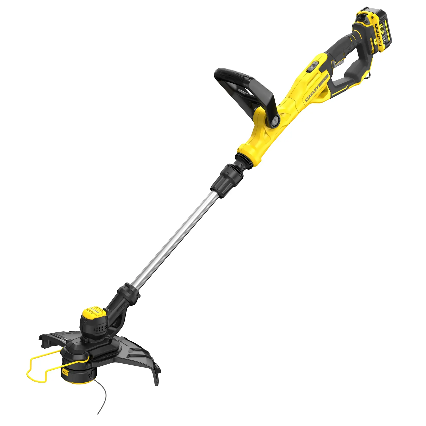 STANLEY SFMCST933M1 gelb-schwarzer kabelloser Rasentrimmer, Seitenansicht auf weißem Hintergrund.