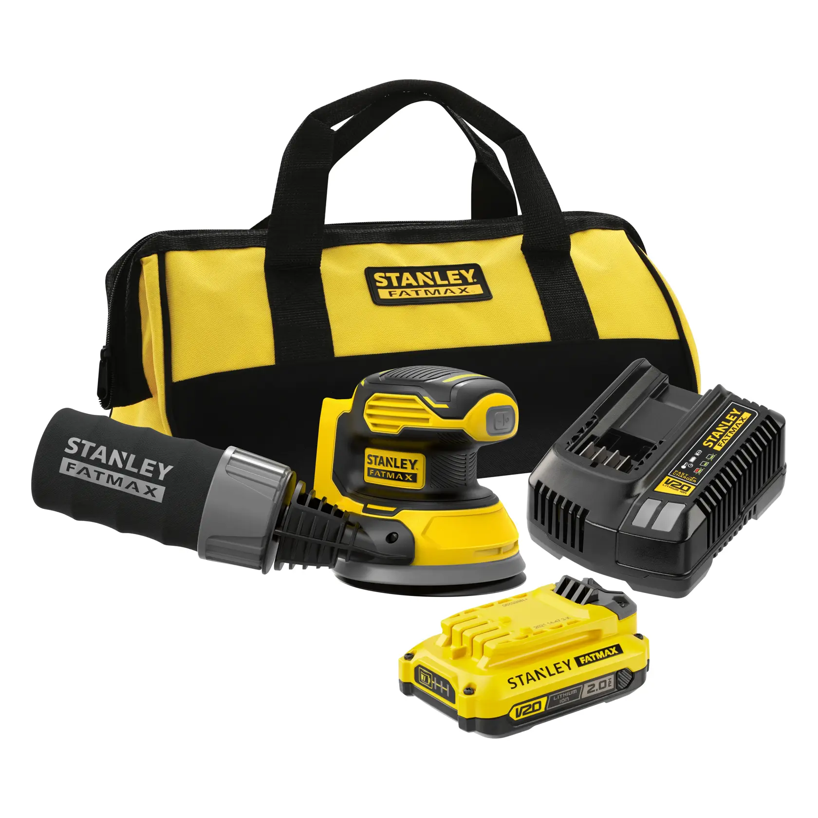 STANLEY SFMCW220D1S kabelloser gelb-schwarzer Schleifer, rechte Seitenansicht, mit Staubfangbeutel.