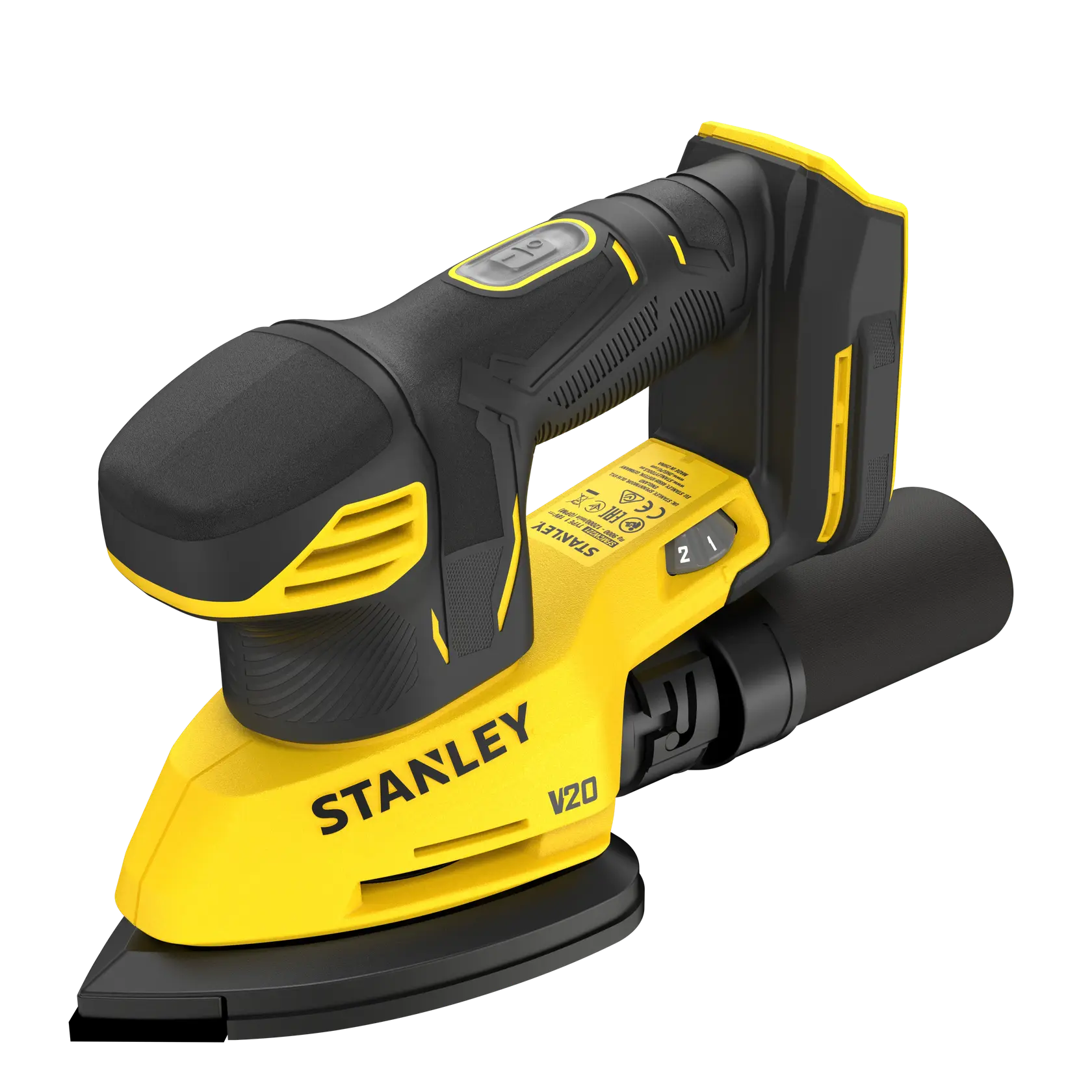 Foto des STANLEY SFMCW221B Akku-Schleifers, gelb und schwarz, Seitenansicht vor weißem Hintergrund.