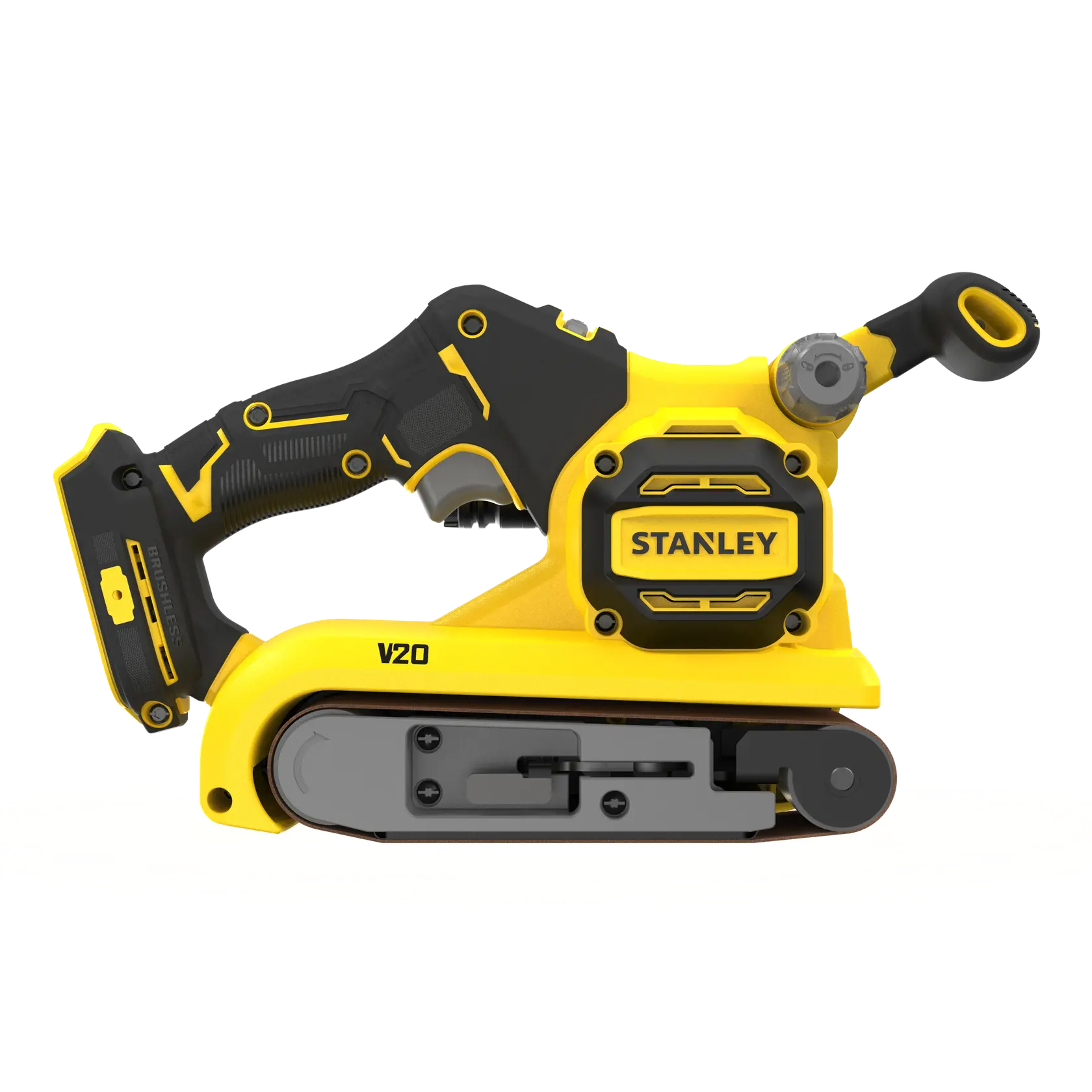 STANLEY SFMCW223B Akku-Bandschleifer, gelb und schwarz, Seitenansicht auf weißem Hintergrund.