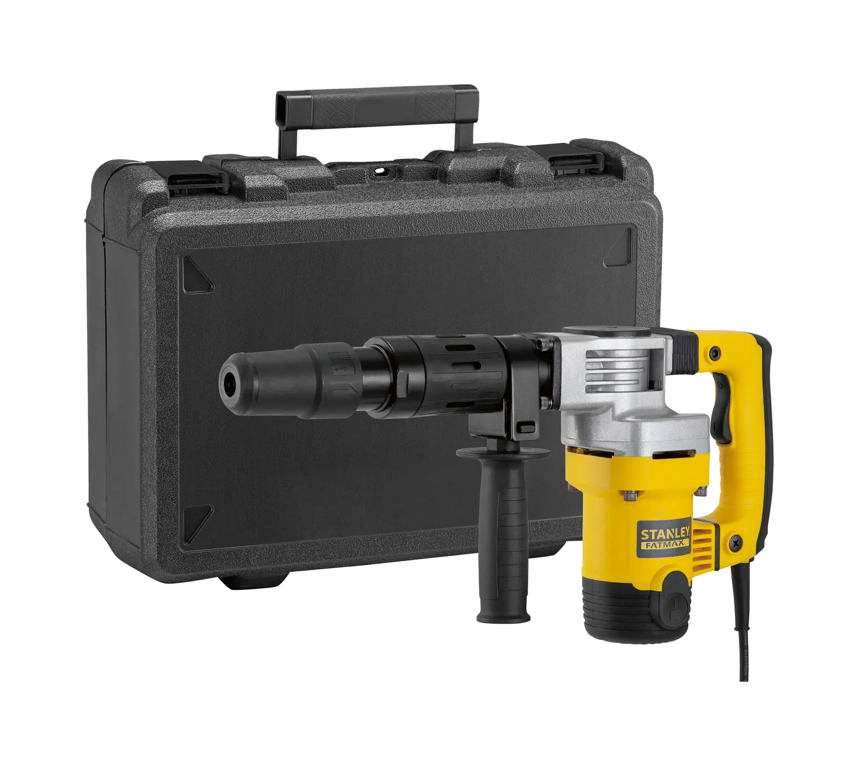 STANLEY SFMEH220K kabelgebundener Bohrhammer mit schwarzem Transportkoffer, Vorderansicht auf weißem Hintergrund.