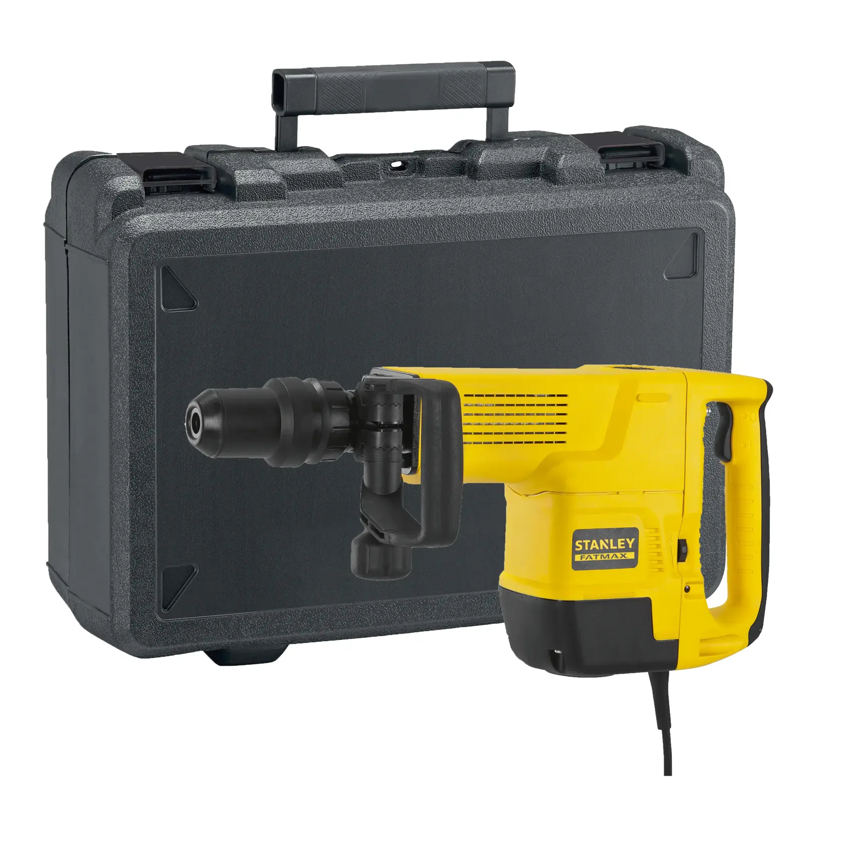 STANLEY SFMEH230K Abbruchhammer, gelb-schwarzes Elektrowerkzeug mit Kunststoffkoffer, Vorderansicht.