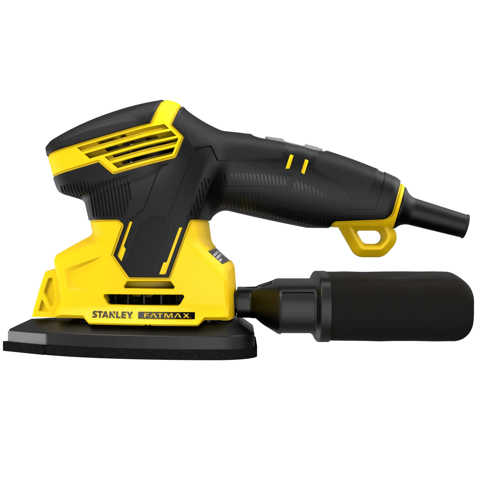 STANLEY SFMEW210S FATMAX Elektroschleifer Seitenansicht, gelb und schwarz, mit Staubbehälter.
