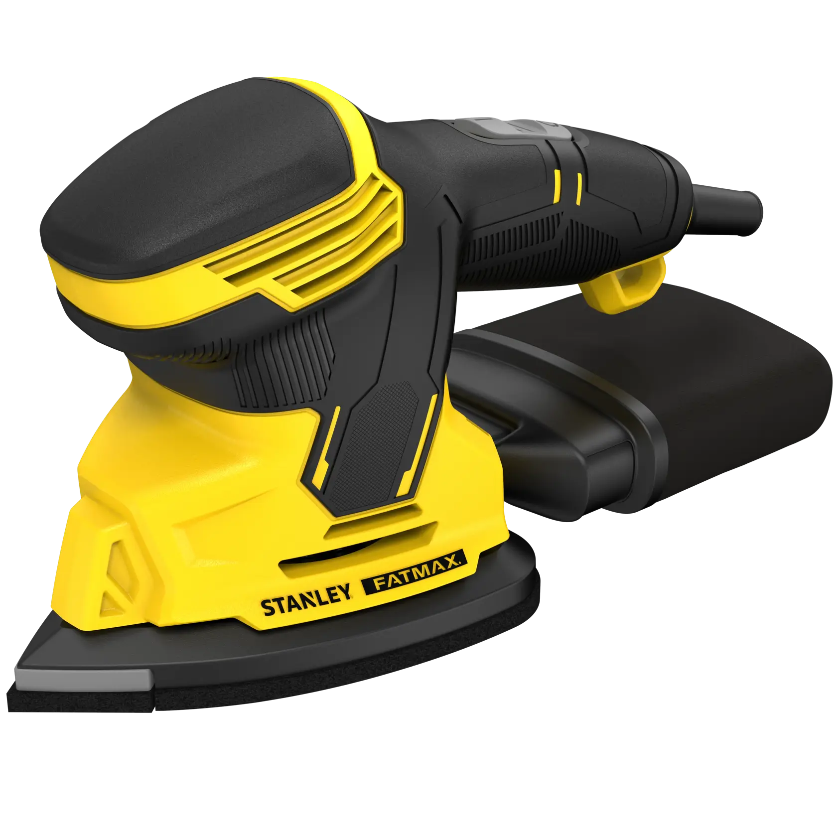 STANLEY SFMEW210S Detailansicht eines gelb-schwarzen Elektroschleifers mit Staubbox, schräge Perspektive.
