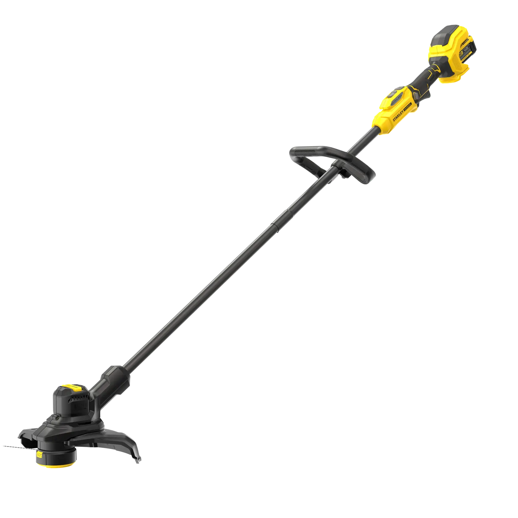 STANLEY SFMSTB930M kabelloser Rasentrimmer, schwarz und gelb, Seitenansicht, Gartengerät auf weißem Hintergrund.
