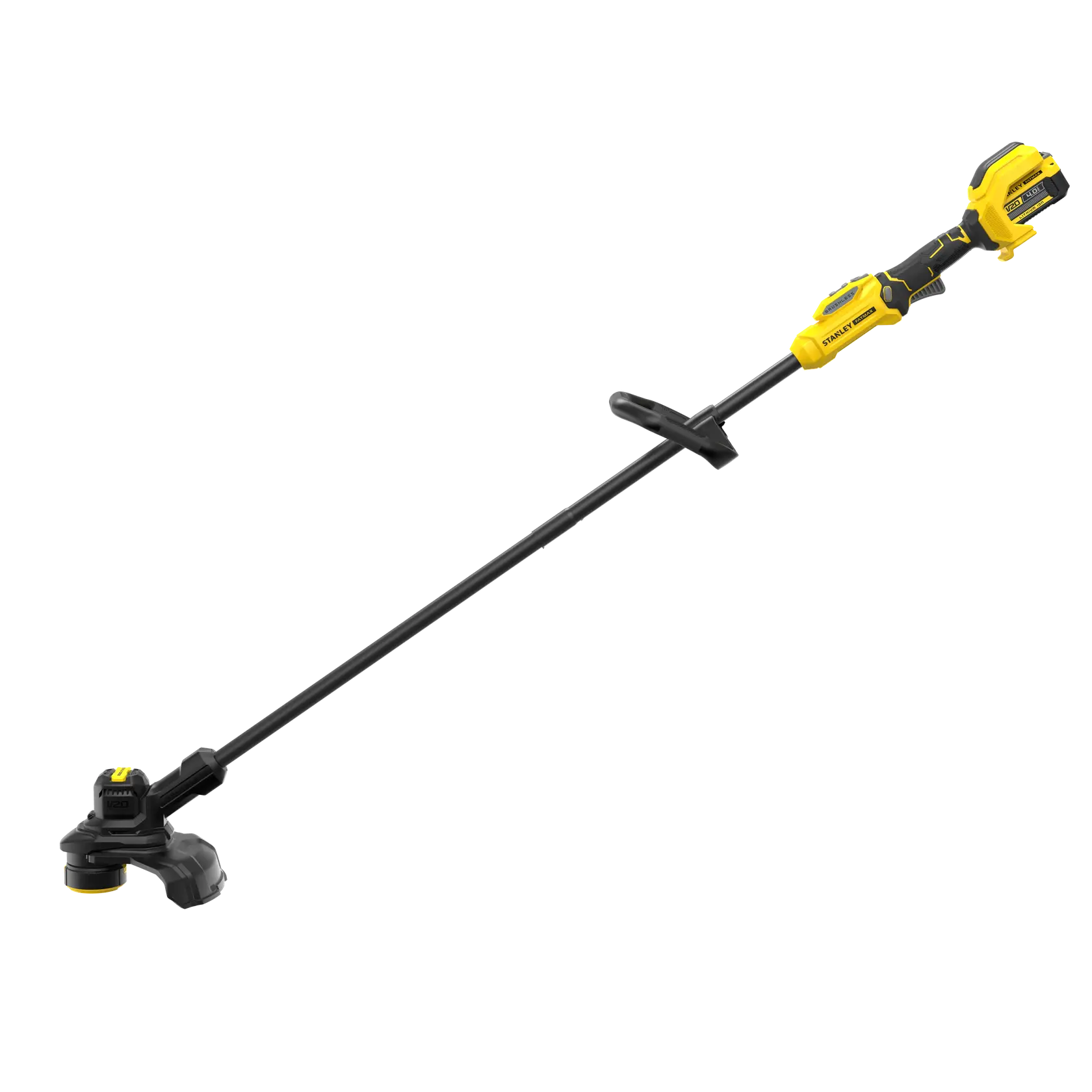 STANLEY SFMSTB930M kabelloser gelb-schwarzer Rasentrimmer, Seitenansicht, auf weißem Hintergrund.