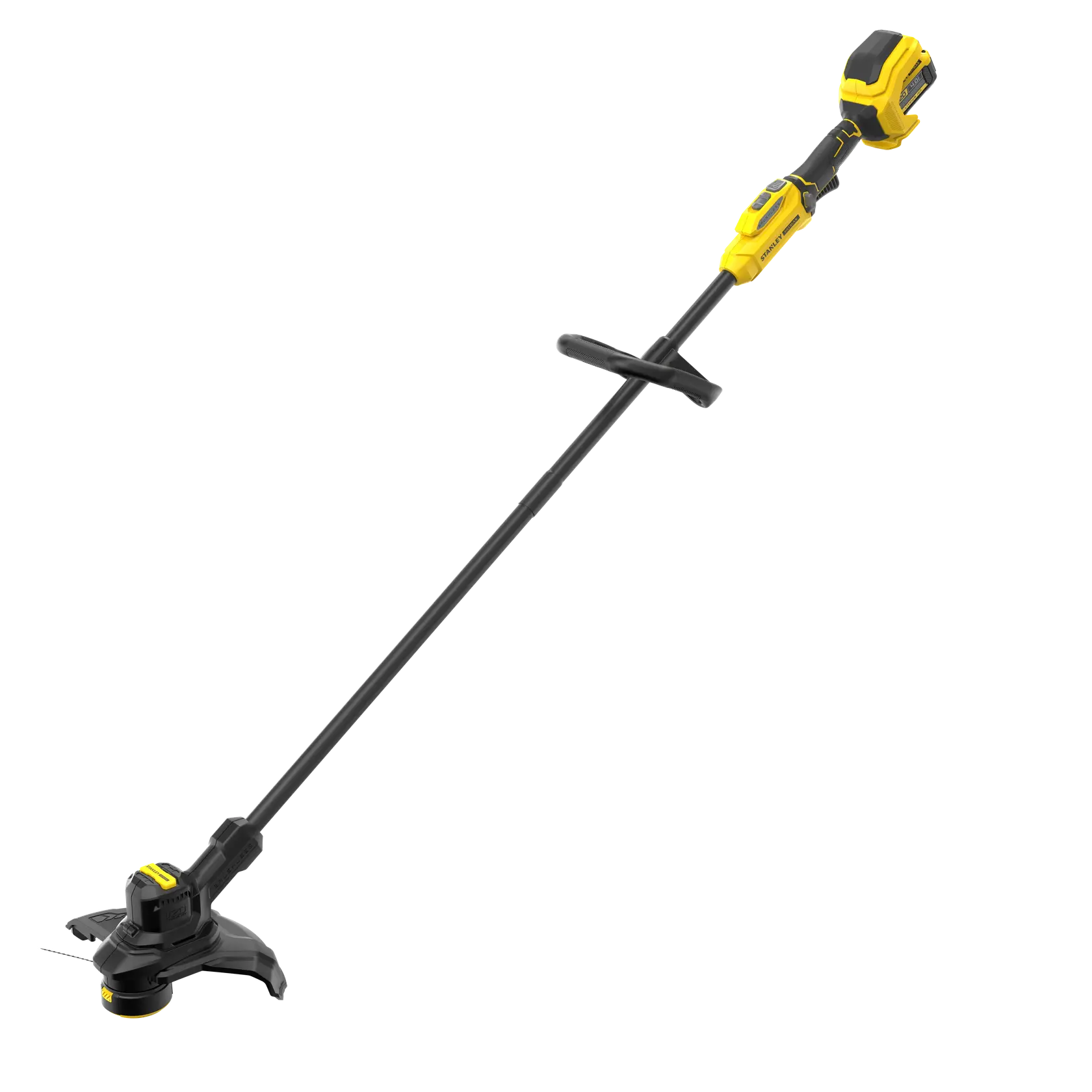 STANLEY SFMSTB930M kabelloser gelb-schwarzer Rasentrimmer, Seitenansicht, auf weißem Hintergrund.
