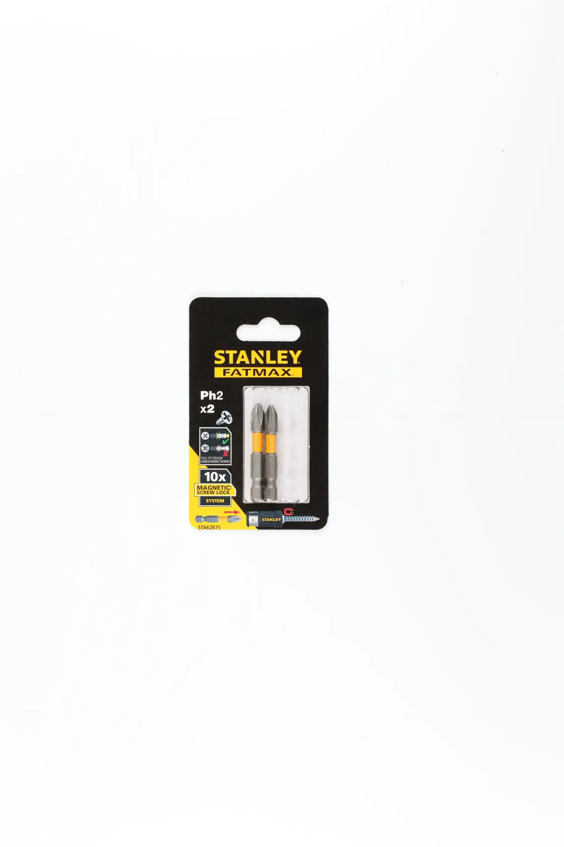 STANLEY STA62875 Verpackung mit zwei silbernen und gelben Schrauberbits, Vorderansicht, weißer Hintergrund.