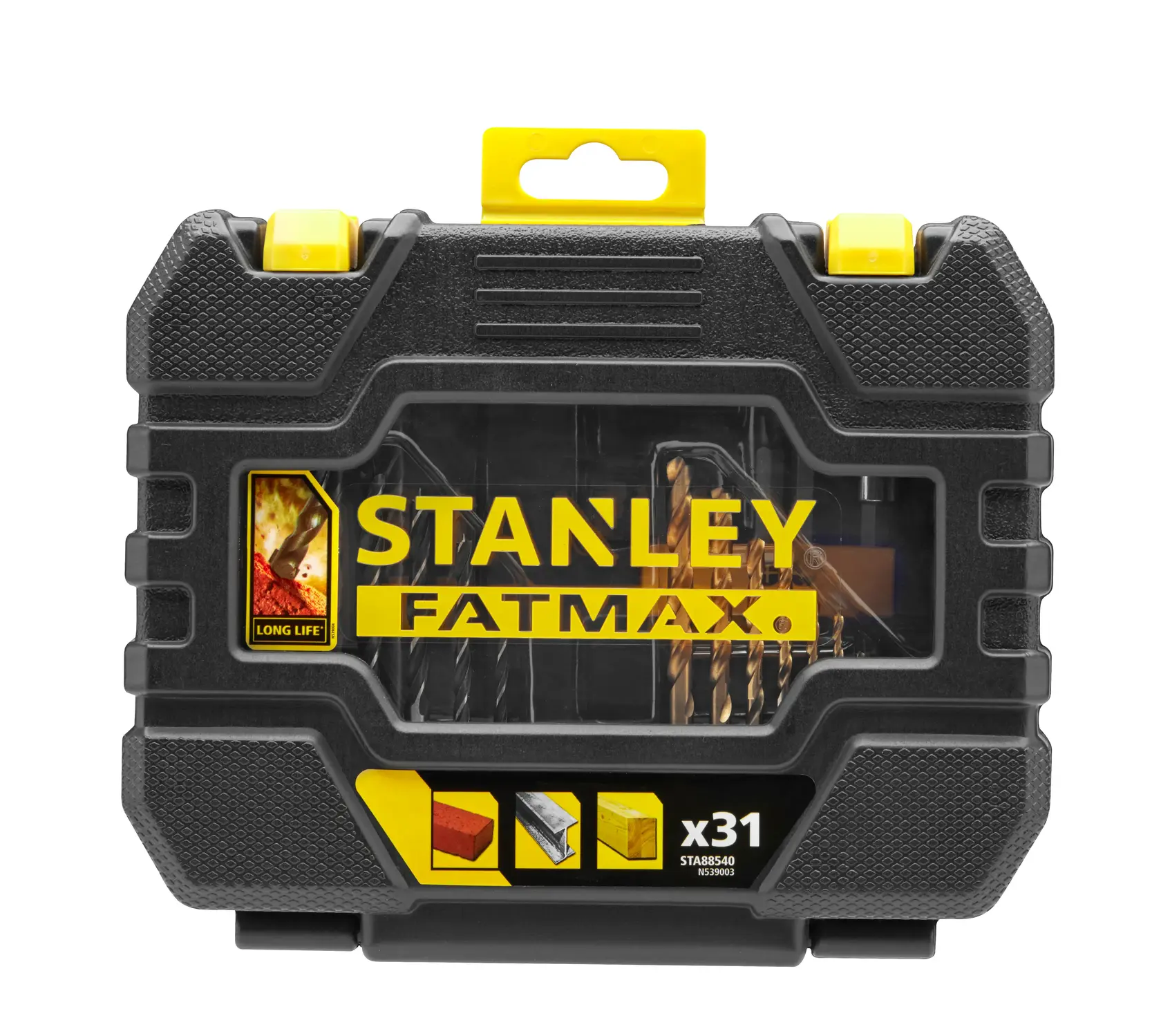 STANLEY STA88540 Bohrer-Set-Box, schwarz-gelb, Frontansicht, FATMAX Branding sichtbar.