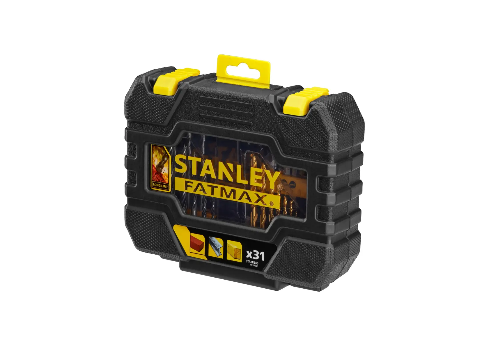 STANLEY STA88540 Bohrerset in schwarz-gelbem Hartkoffer, Produkt schräg auf weißem Hintergrund.