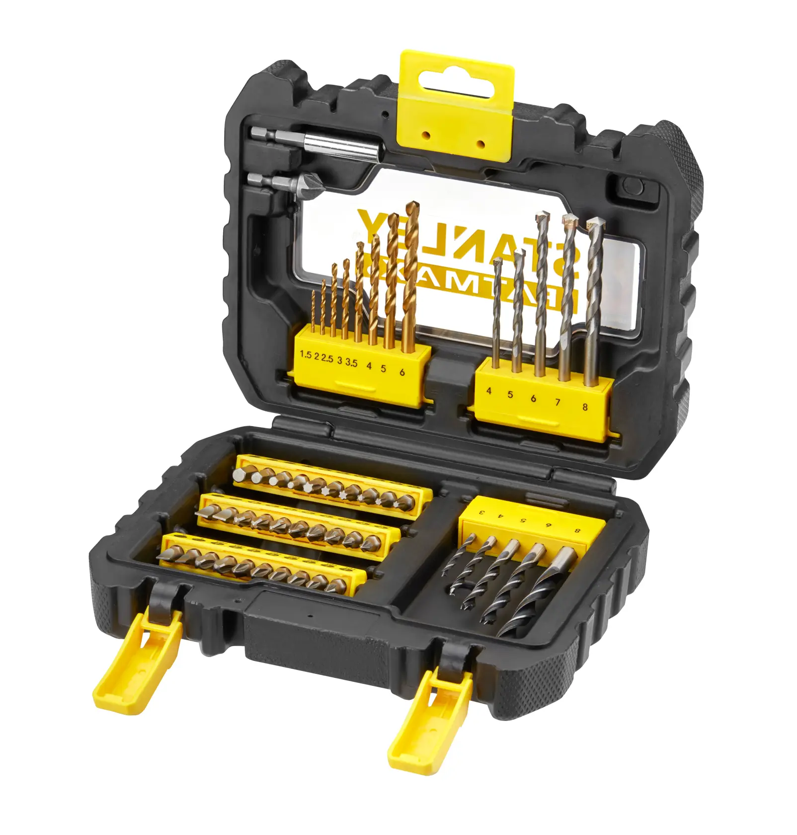 STANLEY STA88542 Bohr- und Schrauberbit-Set in schwarzem und gelbem Hartschalenkoffer, offen, mit verschiedenen Bits.